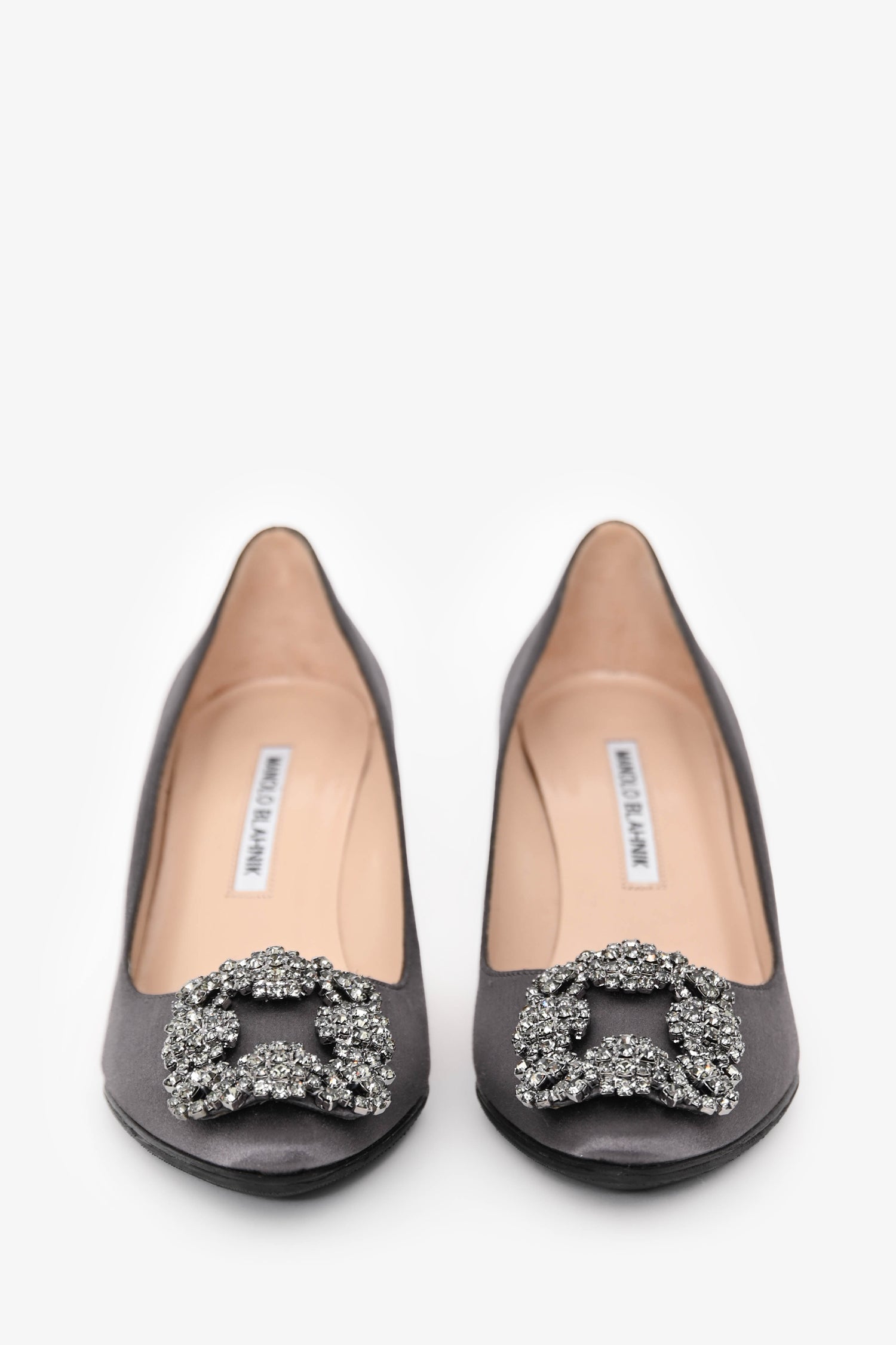 Manolo Blahnik Grey Satin Crystal Embellished Hangisi Heels Size 36.5