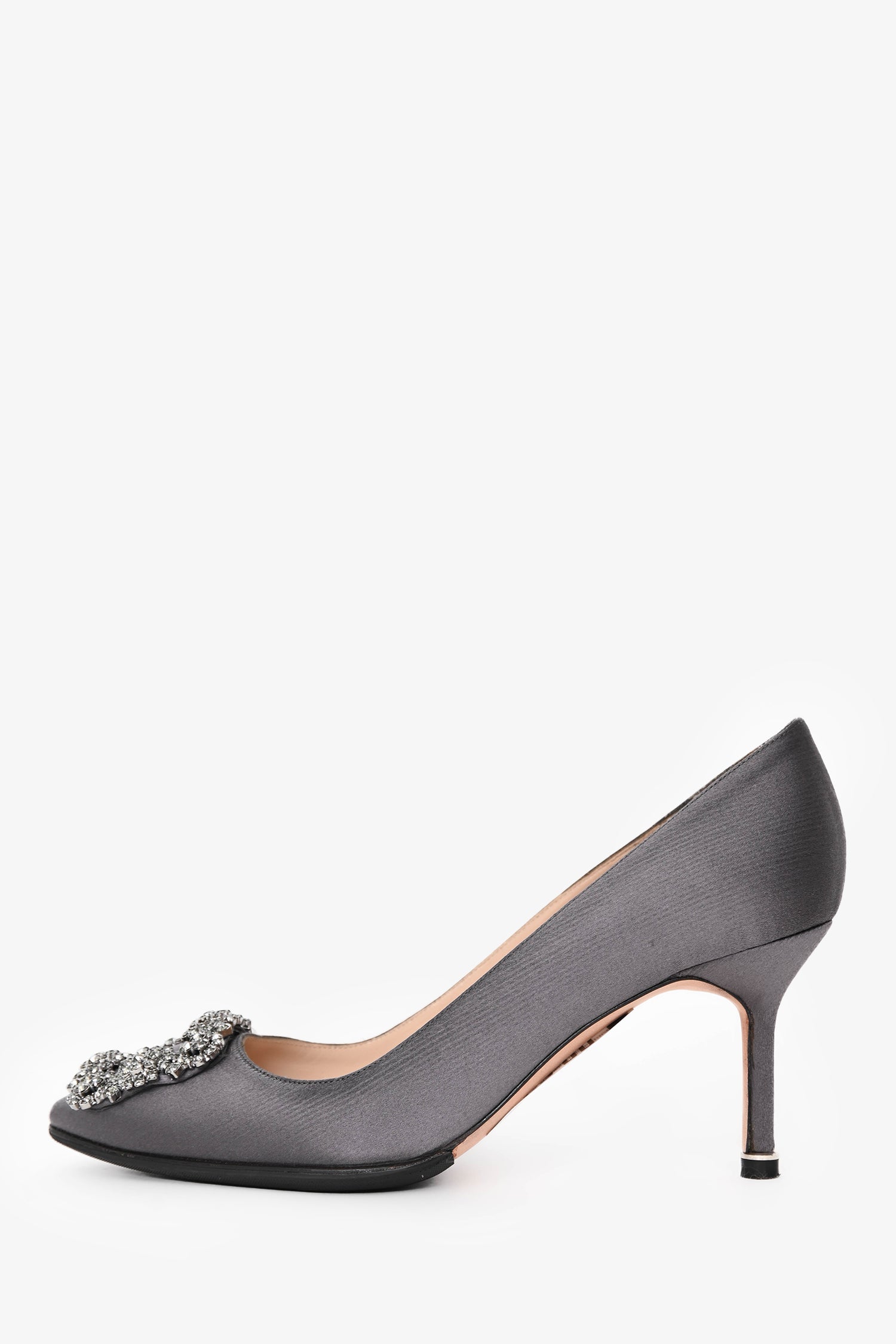 Manolo Blahnik Grey Satin Crystal Embellished Hangisi Heels Size 36.5
