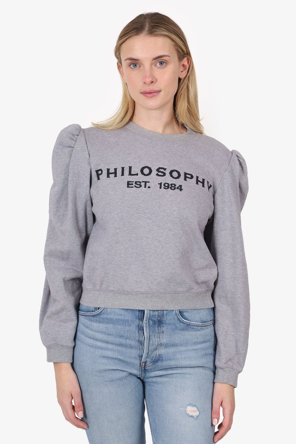 Philosophy Grey Logo Puff Sleeve Sweater Size M