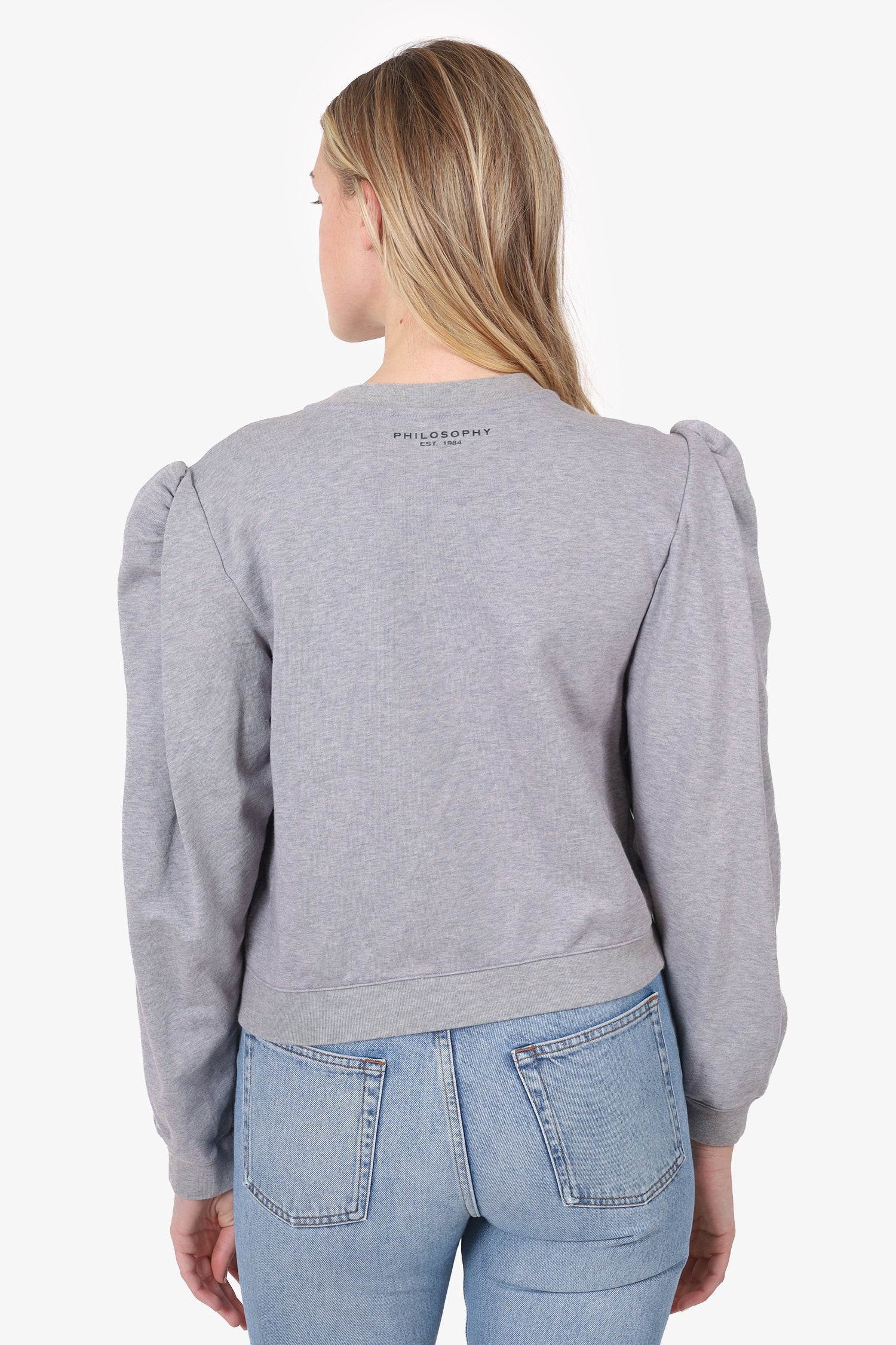 Philosophy Grey Logo Puff Sleeve Sweater Size M