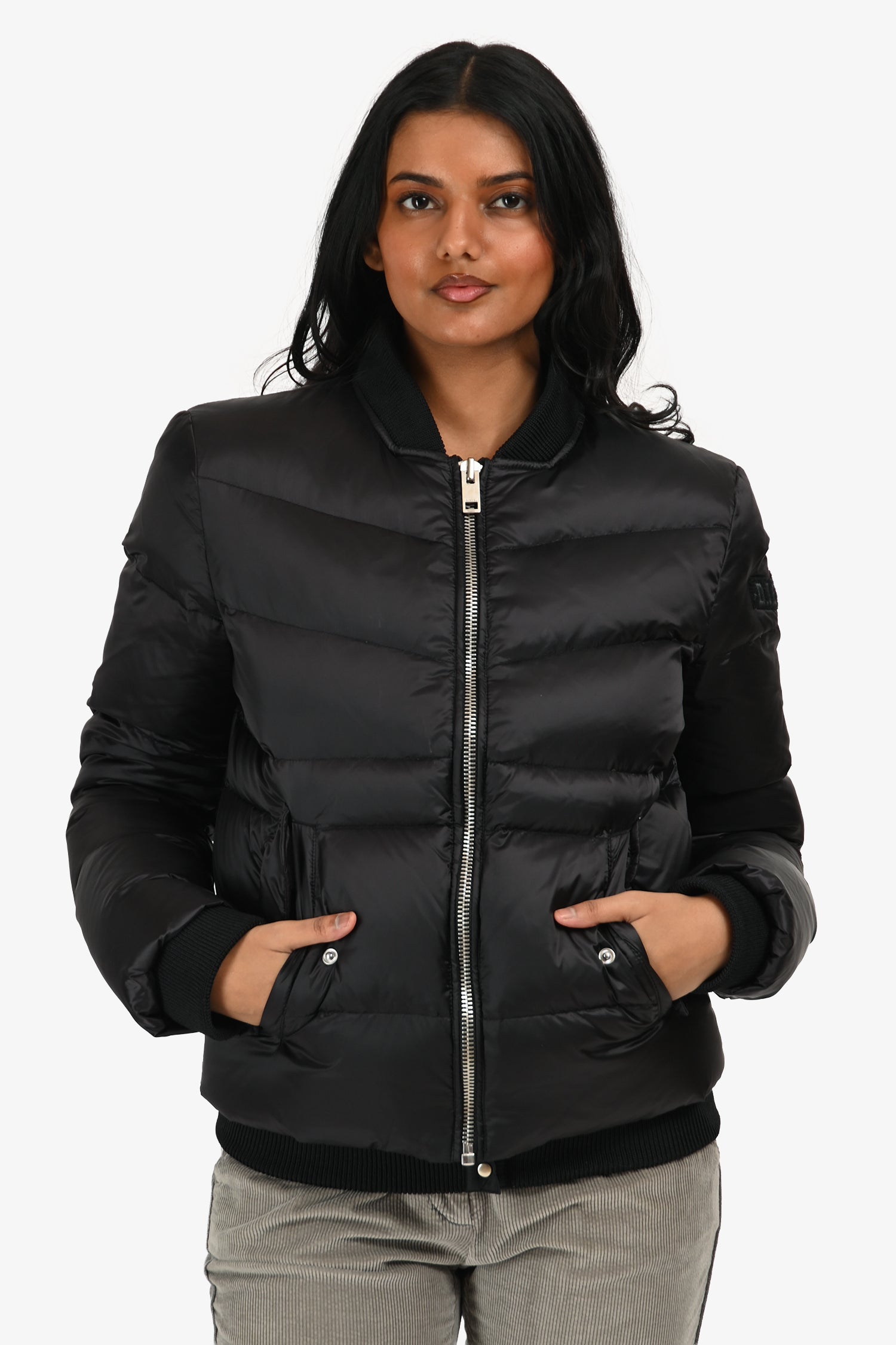 Diesel Black Nylon Foldaway Hood Cropped Bomber Jacket Size XS/S