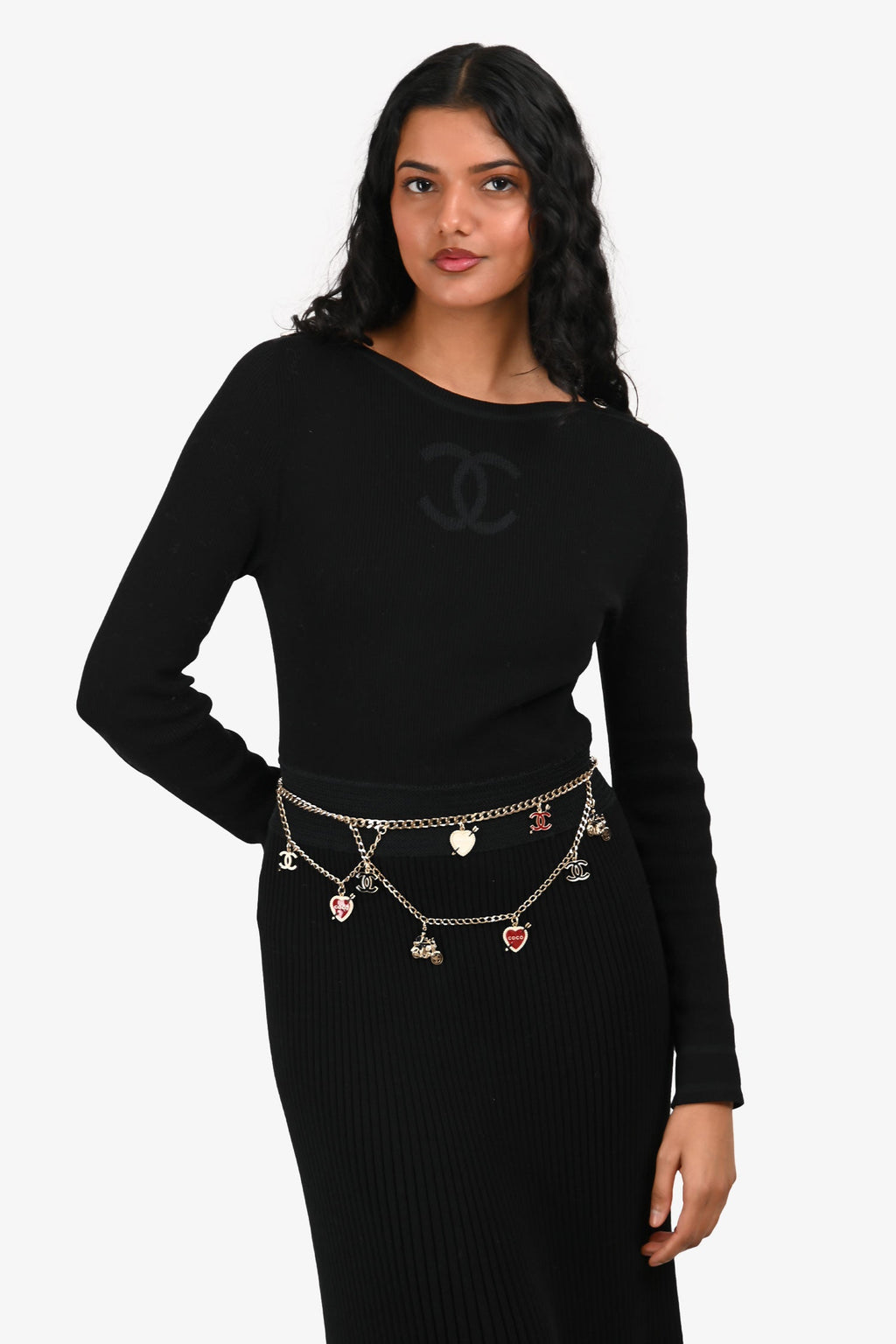 Pre-Loved Chanel™ 2010 Gold Toned Black/White/Red Enamel 'Coco Rider' Charm Chain Belt