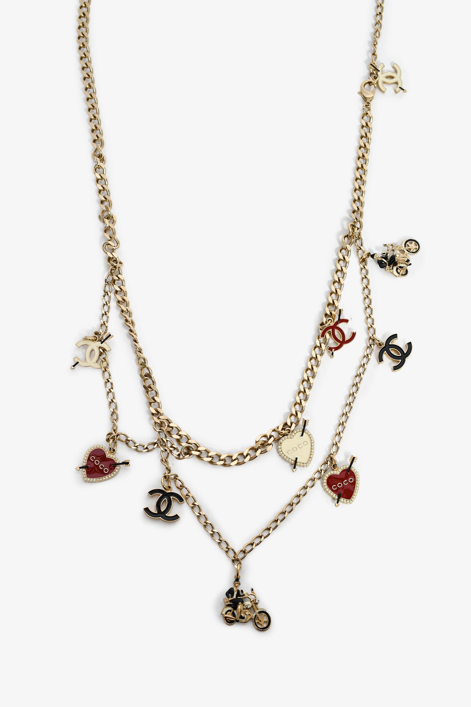 Pre-Loved Chanel™ 2010 Gold Toned Black/White/Red Enamel 'Coco Rider' Charm Chain Belt