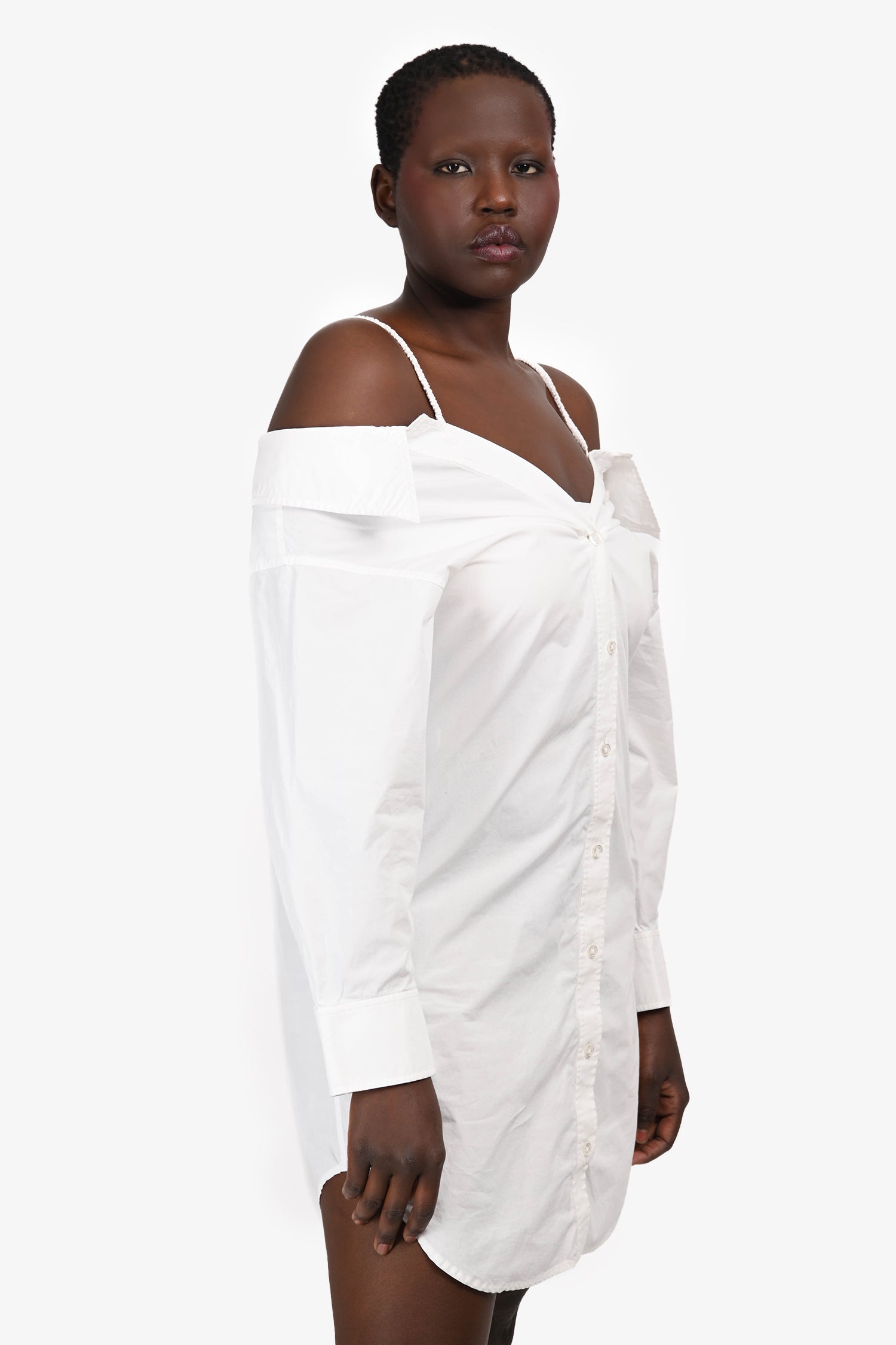 T by Alexander Wang White Cotton V-Neck Off-Shoulder Shirt Mini Dress Size 10