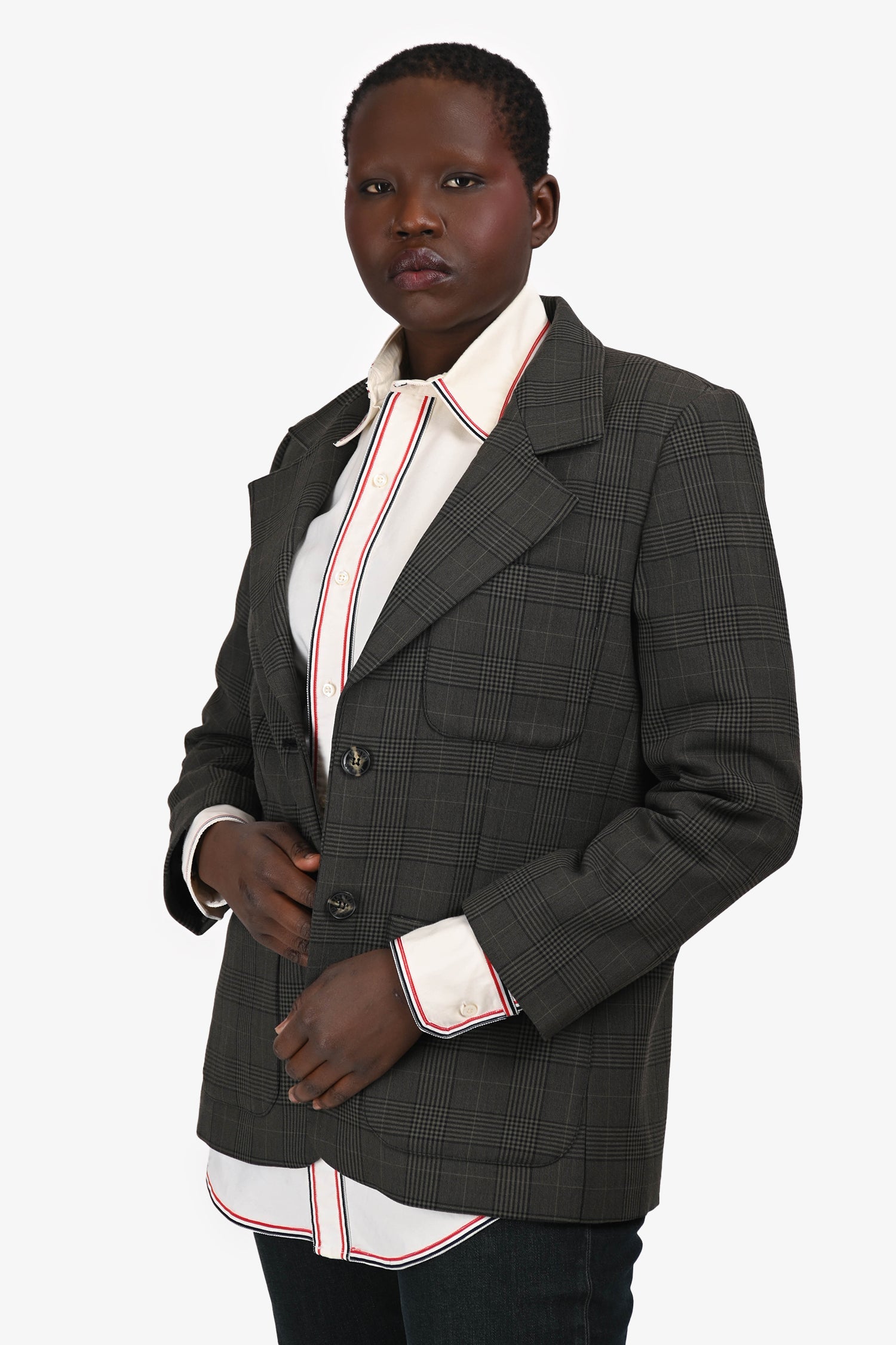 Ganni Grey Check Single Breasted Blazer Size 42