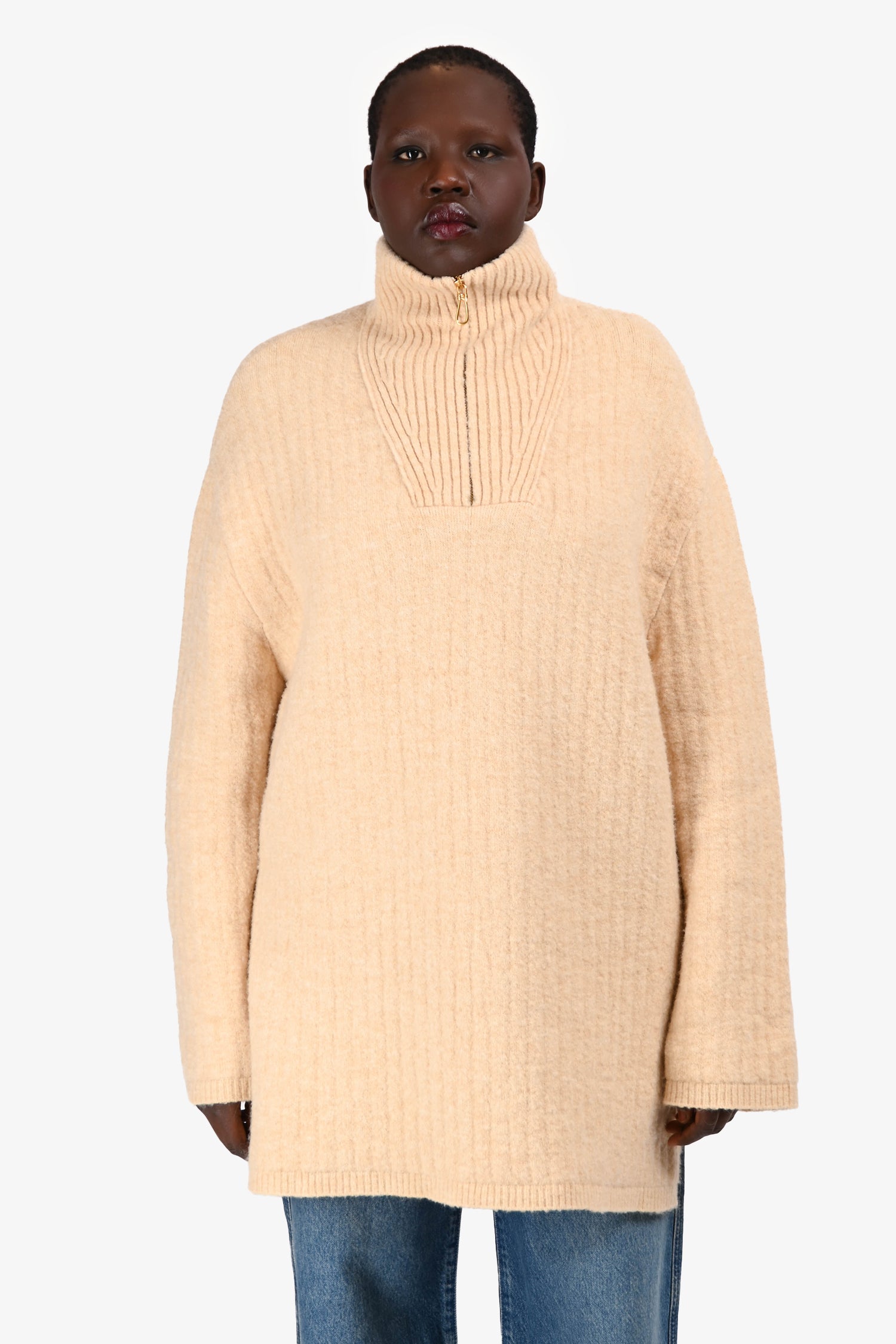 Nanushka Cream Knit Quarter Zip Turtleneck 'Zitah' Sweater Size L