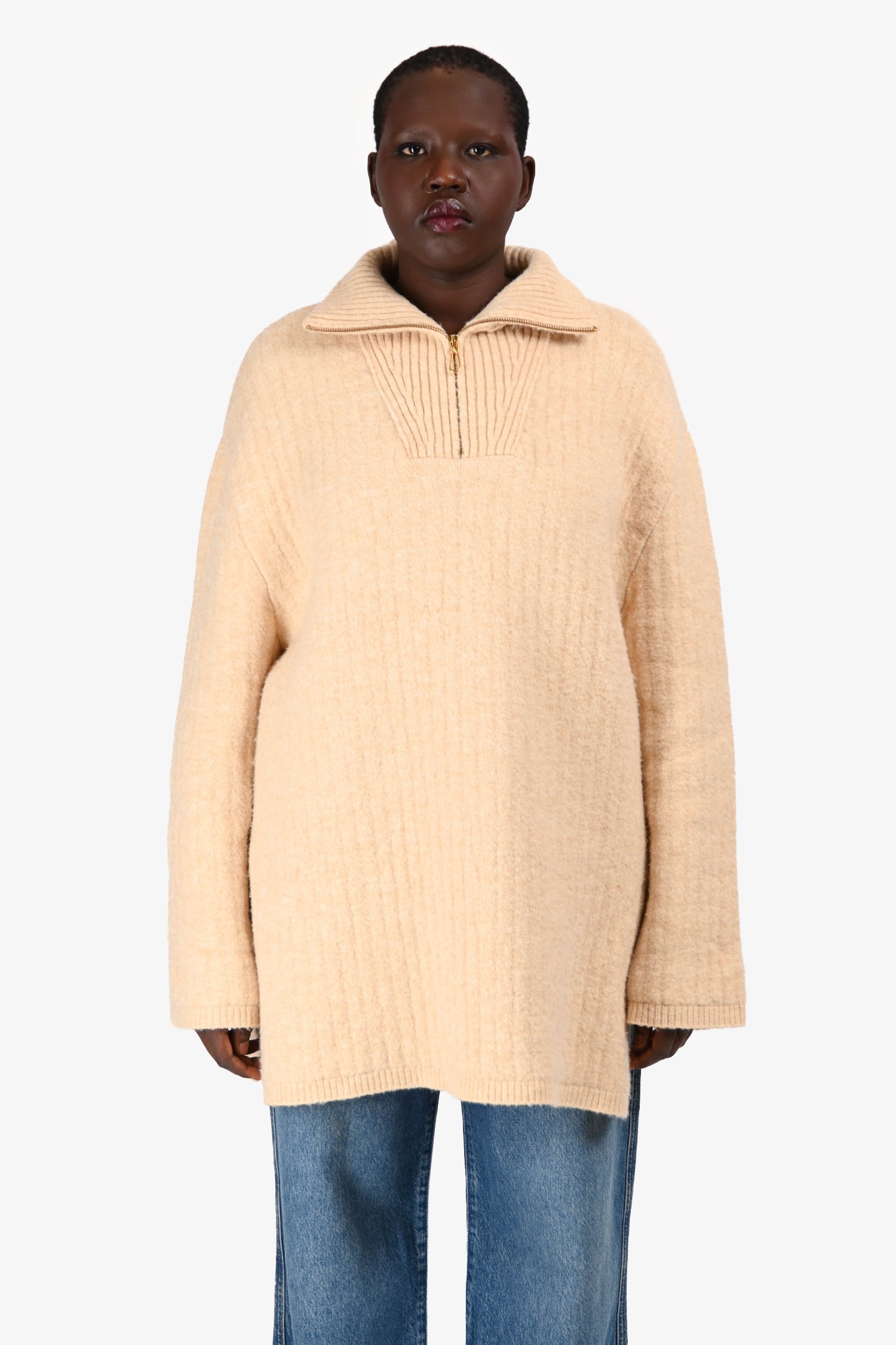 Nanushka Cream Knit Quarter Zip Turtleneck 'Zitah' Sweater Size L