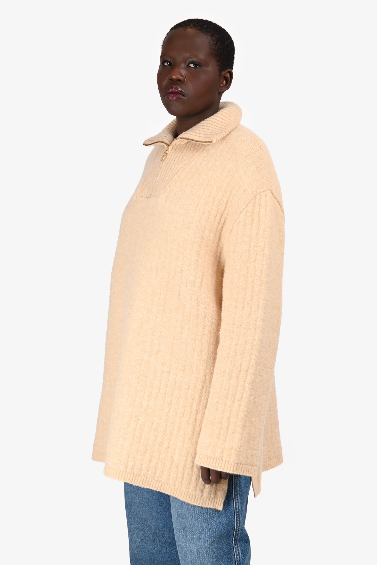 Nanushka Cream Knit Quarter Zip Turtleneck 'Zitah' Sweater Size L