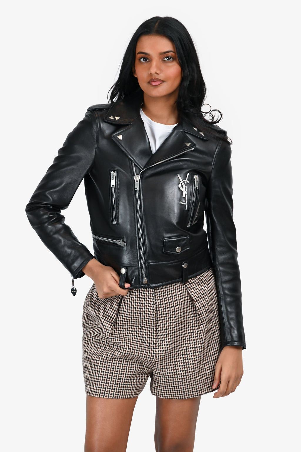 Saint Laurent Black Leather 'YSL' Biker Jacket Size S