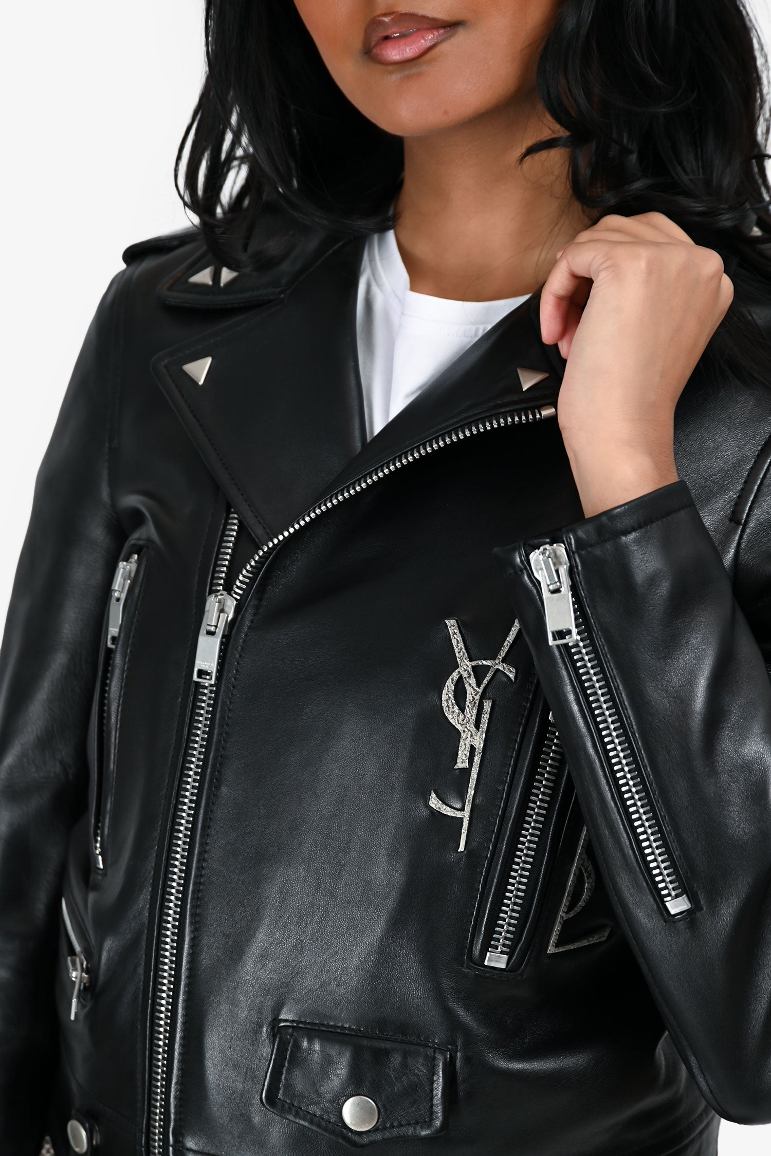 Saint Laurent Black Leather 'YSL' Biker Jacket Size S