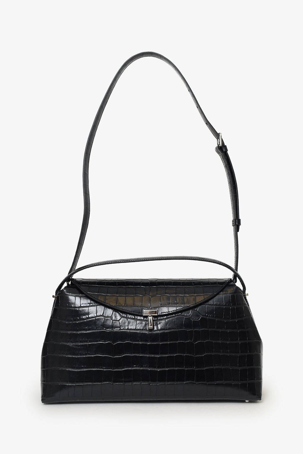 Toteme Black Embossed Leather T-Lock Top Handle Bag With Strap