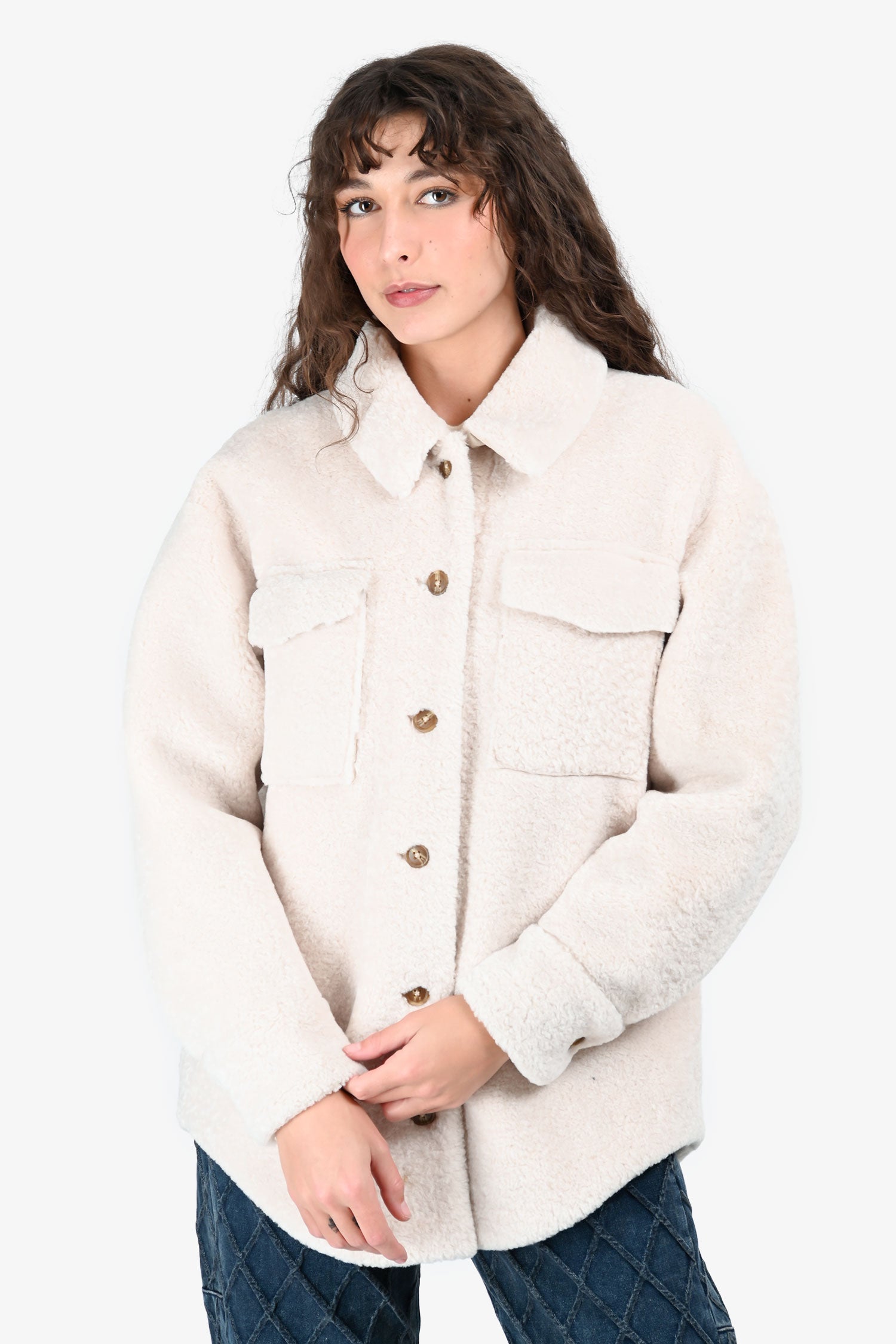 Maje Beige Faux Sherpa Teddy Shacket Size 38