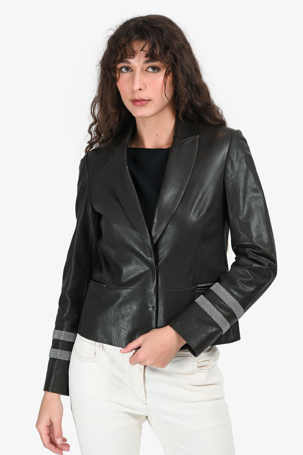 Brunello Cucinelli Brown Leather Monili Detail Blazer Jacket Size 42