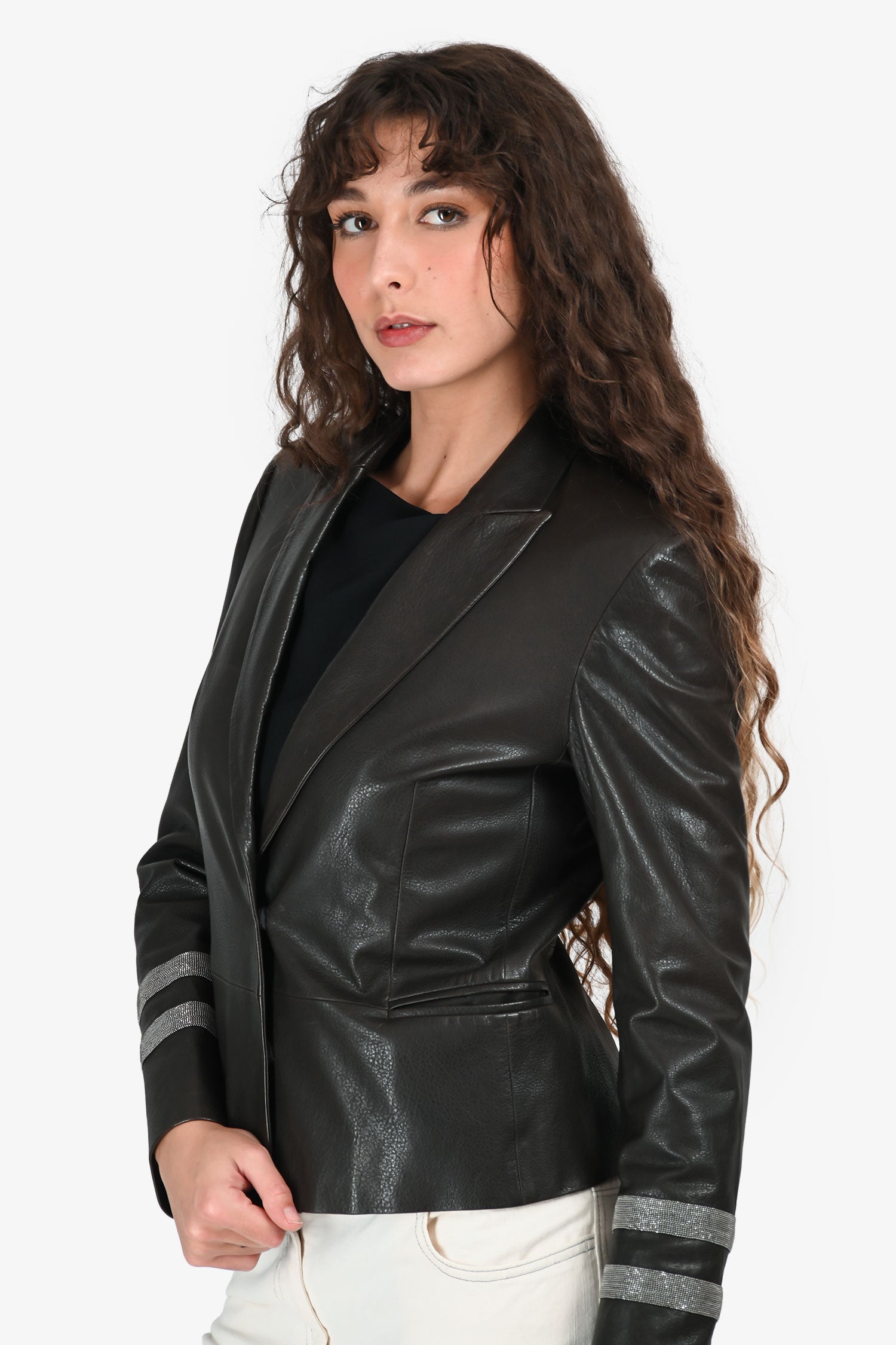 Brunello Cucinelli Brown Leather Monili Detail Blazer Jacket Size 42