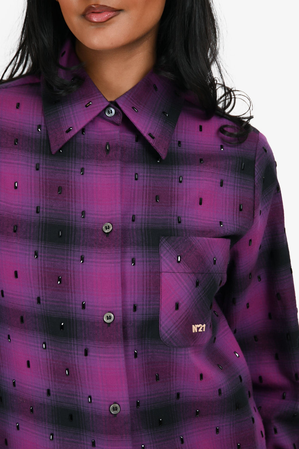 No. 21 Purple/Black Plaid Jewel Embellished Button-Up Top Estimated Size XS