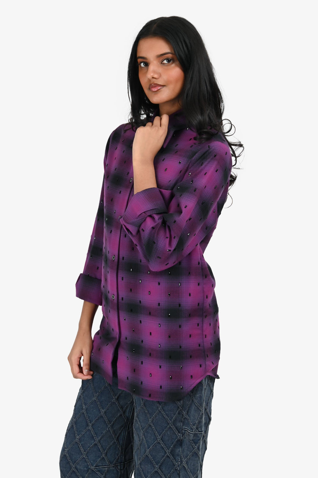 No. 21 Purple/Black Plaid Jewel Embellished Button-Up Top Estimated Size XS