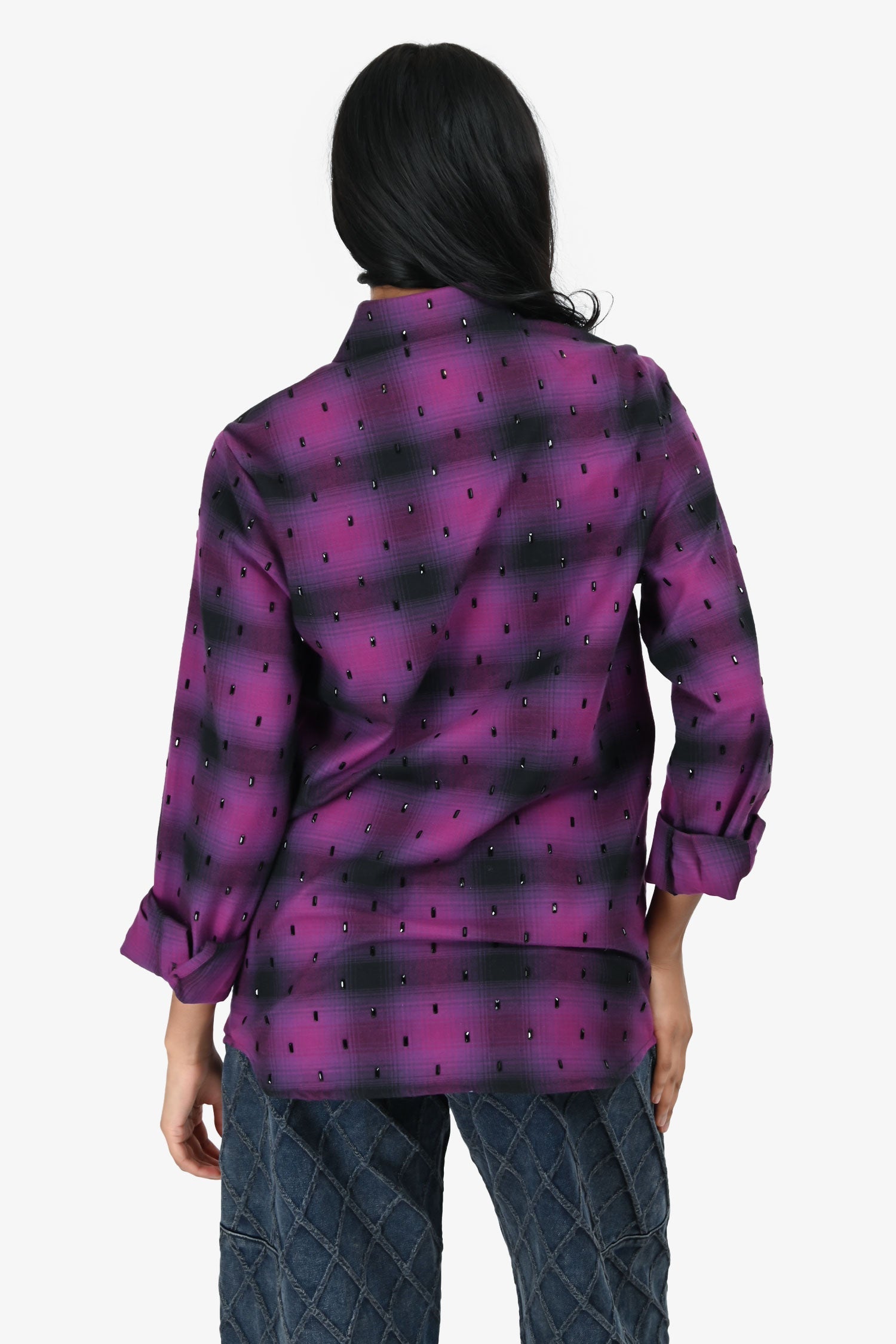 No. 21 Purple/Black Plaid Jewel Embellished Button-Up Top Estimated Size XS