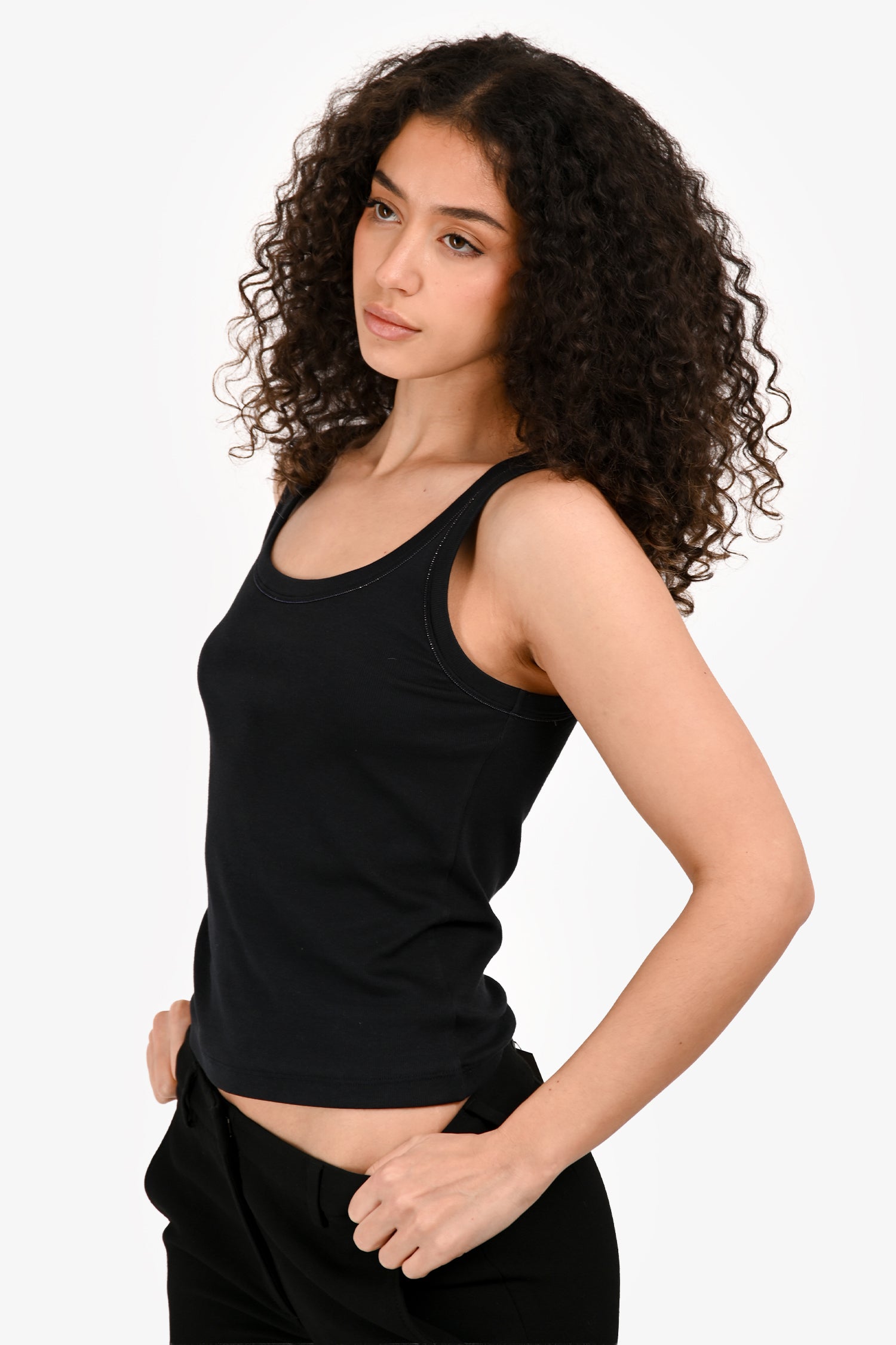 Fabiana Filippi Black Ribbed Cotton Tank Top with Beads Est. Size XS