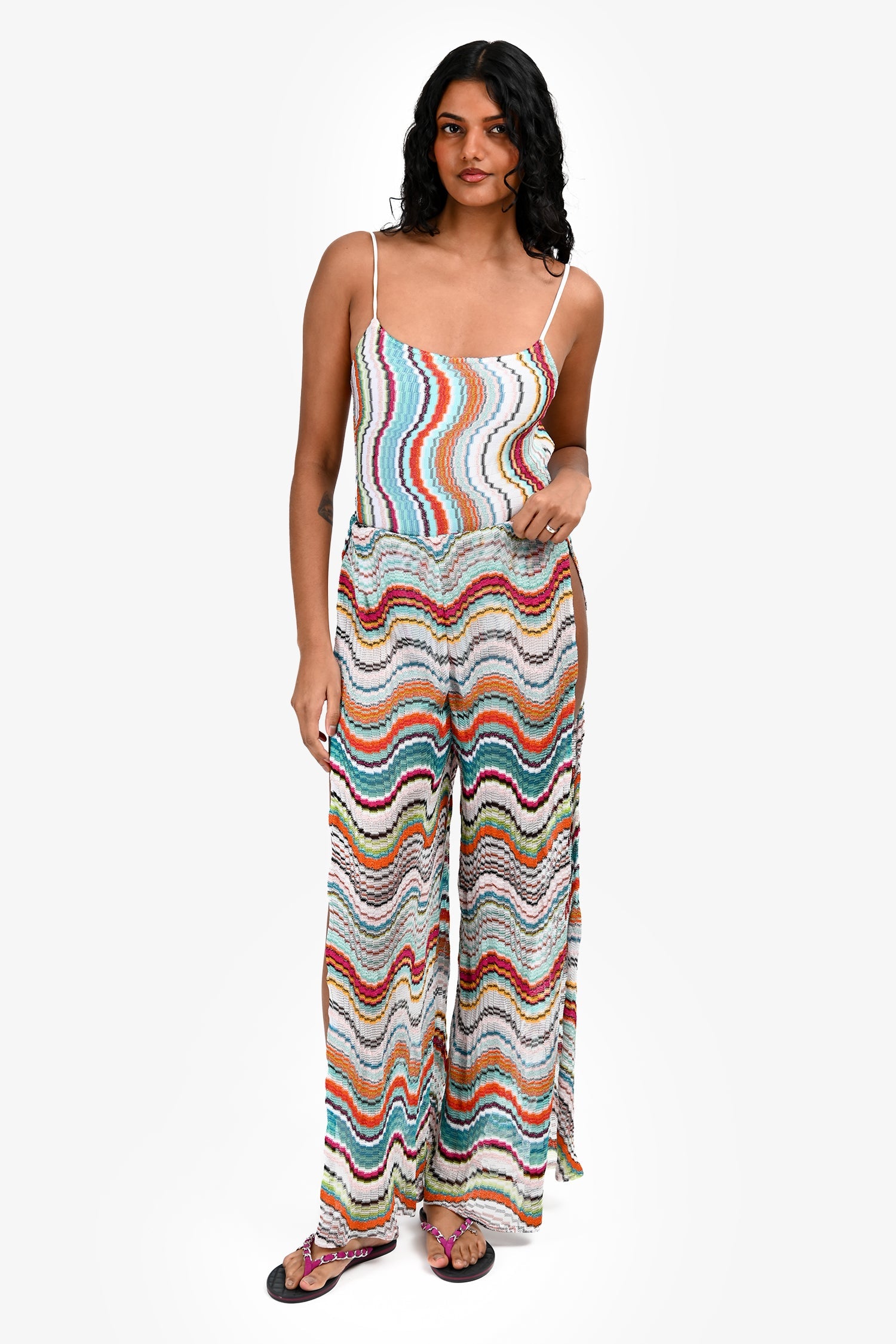 Missoni Blue/Multicolour Chevron Knit High Slit Pants Estimated Size XS