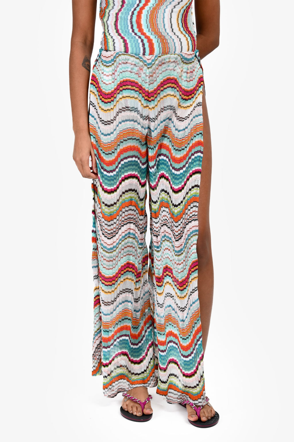 Missoni Blue/Multicolour Chevron Knit High Slit Pants Estimated Size XS