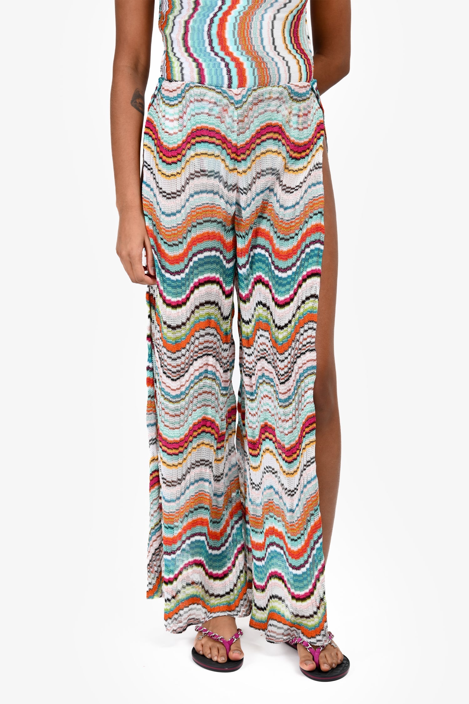 Missoni Blue/Multicolour Chevron Knit High Slit Pants Estimated Size XS