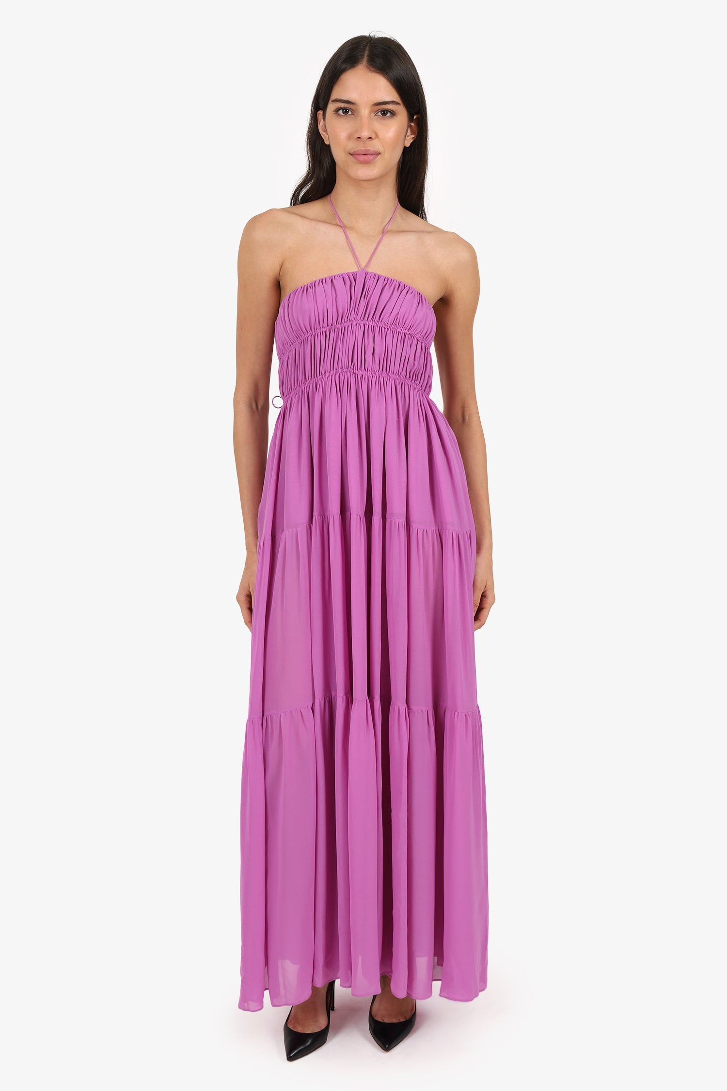 Matteau Purple Silk Tiered Halter Neck Maxi Dress Size  2