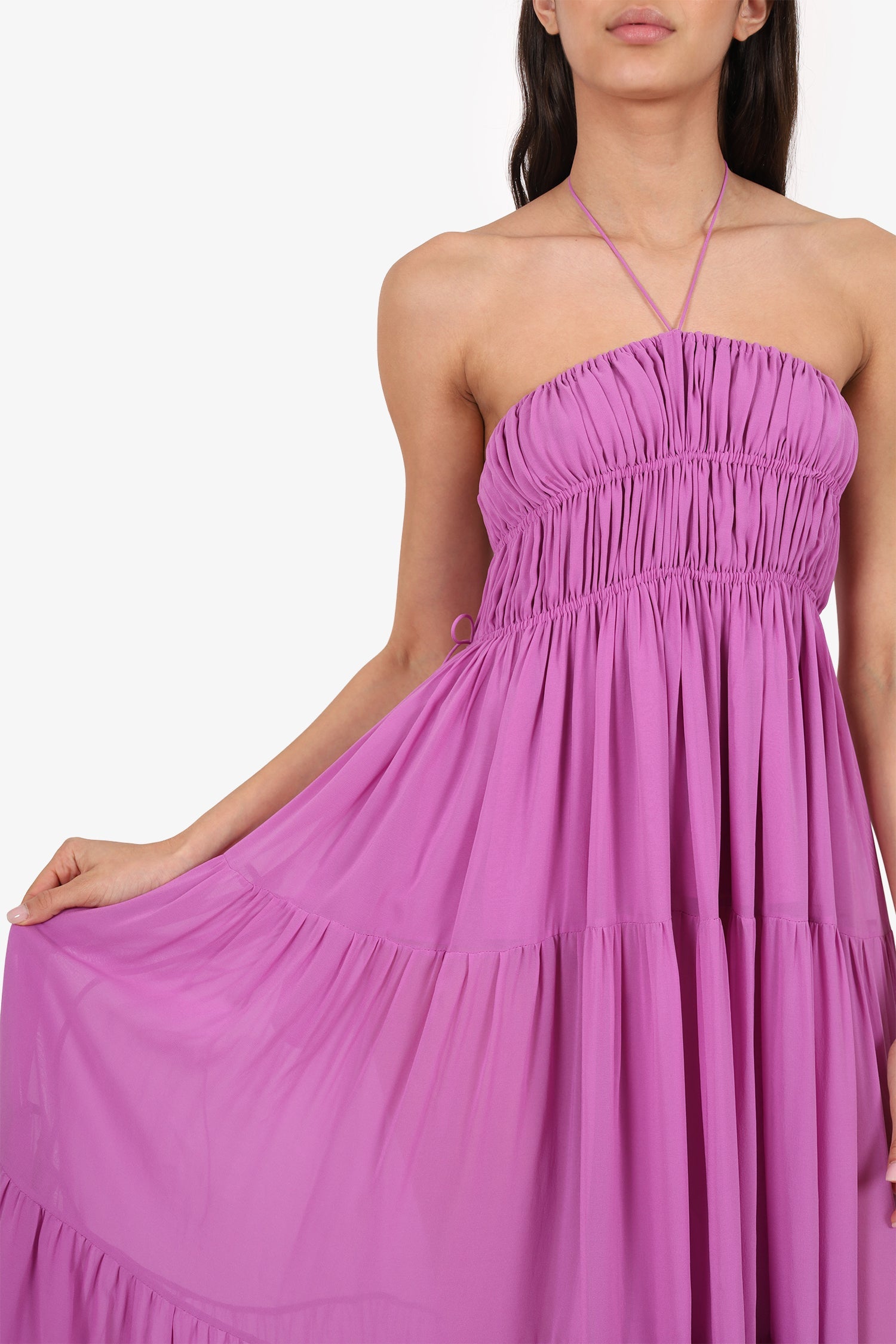 Matteau Purple Silk Tiered Halter Neck Maxi Dress Size  2