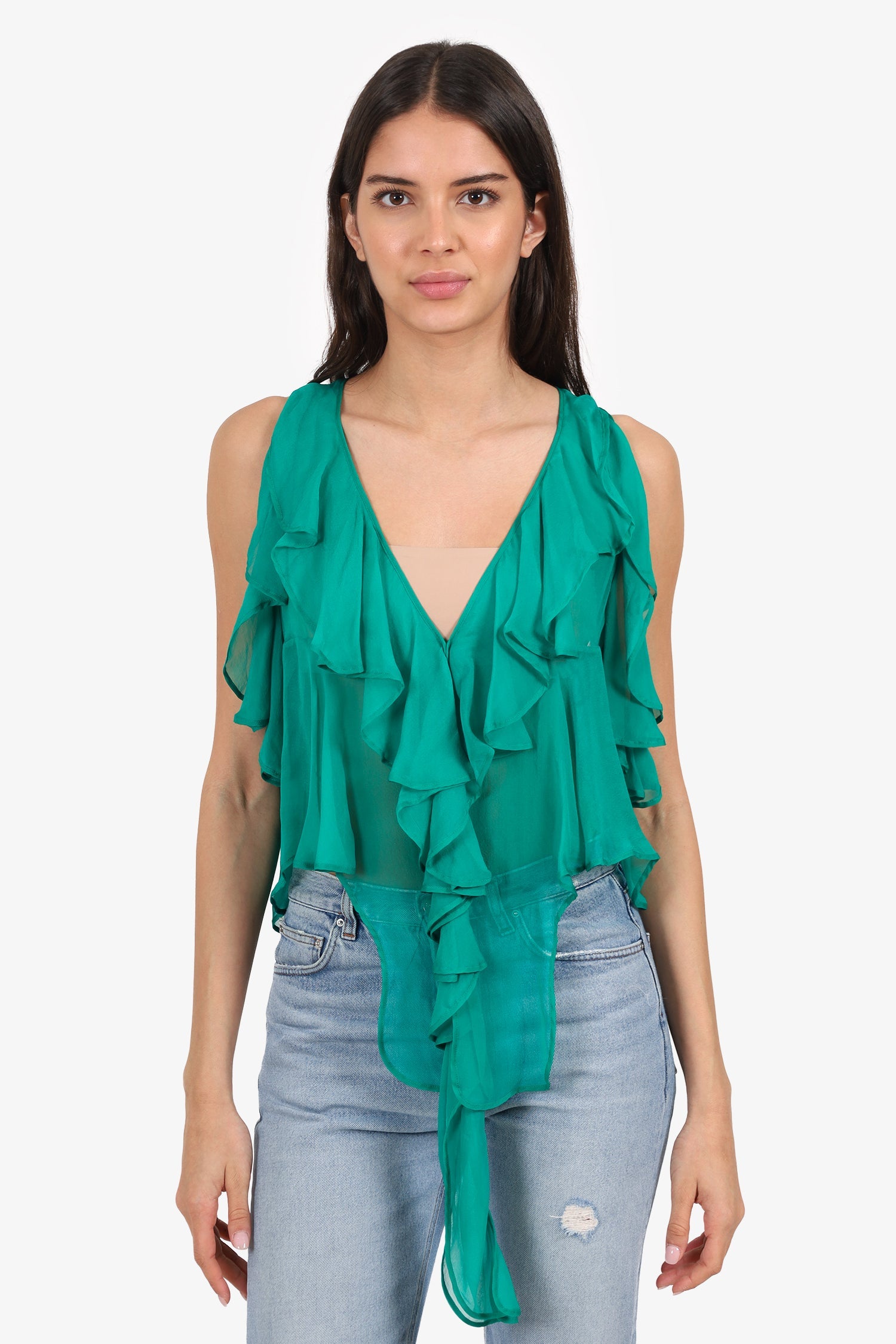 D'Squared2 Green Ruffle Detail Silk Sleeveless Top Size 42