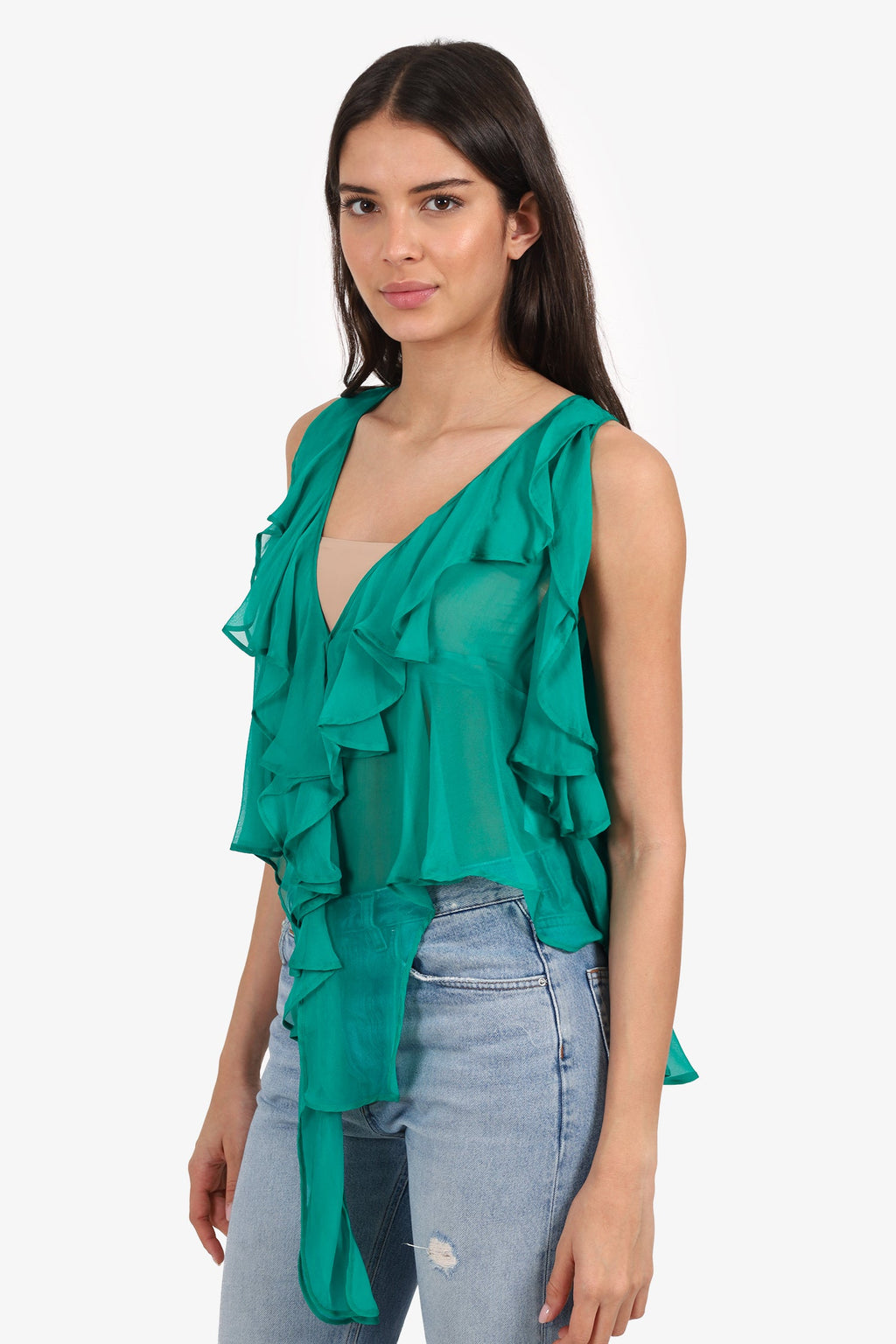D'Squared2 Green Ruffle Detail Silk Sleeveless Top Size 42