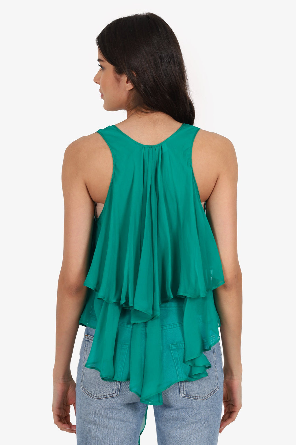 D'Squared2 Green Ruffle Detail Silk Sleeveless Top Size 42