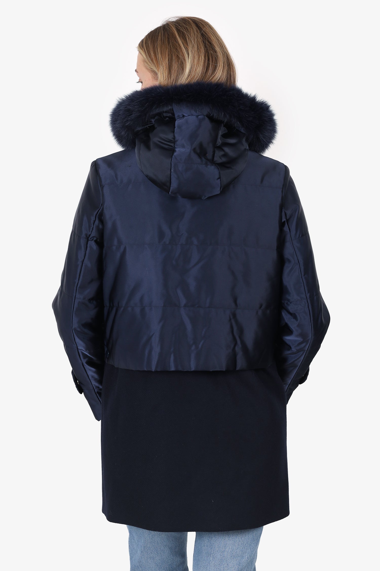 Sandro Navy Wool/Satin Fox Fur Hooded Coat Size 36
