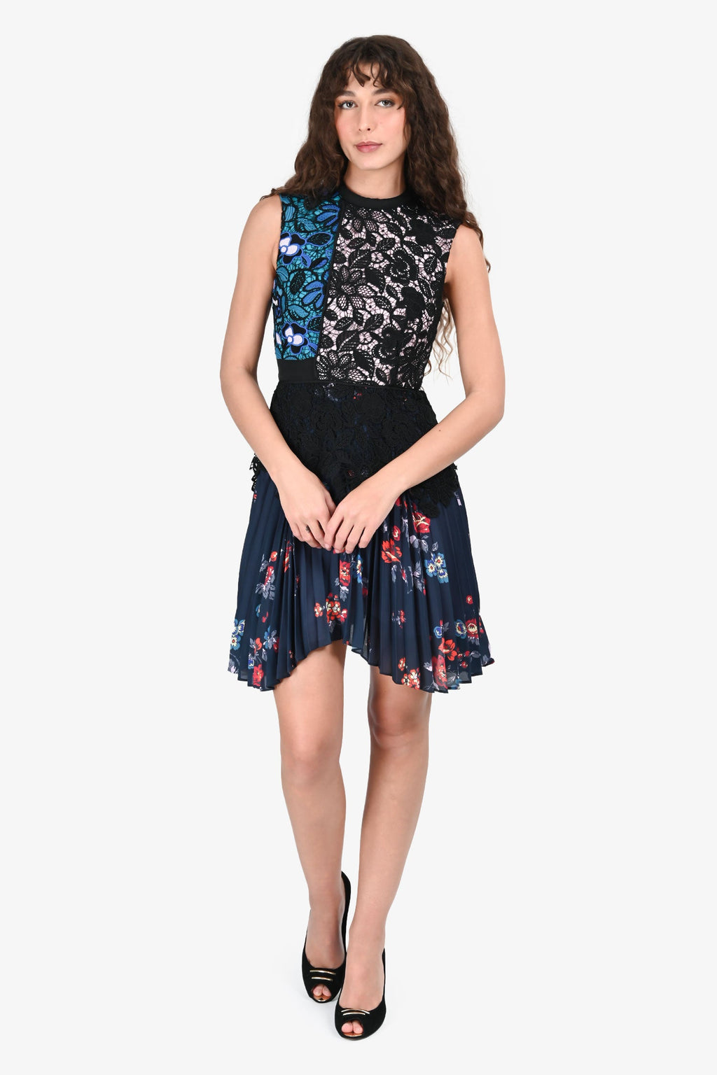 Self-Portrait Black/Multicolour Lace Floral Pleated Mini Dress Size 2