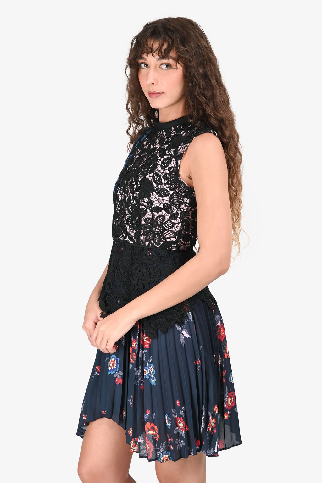Self-Portrait Black/Multicolour Lace Floral Pleated Mini Dress Size 2