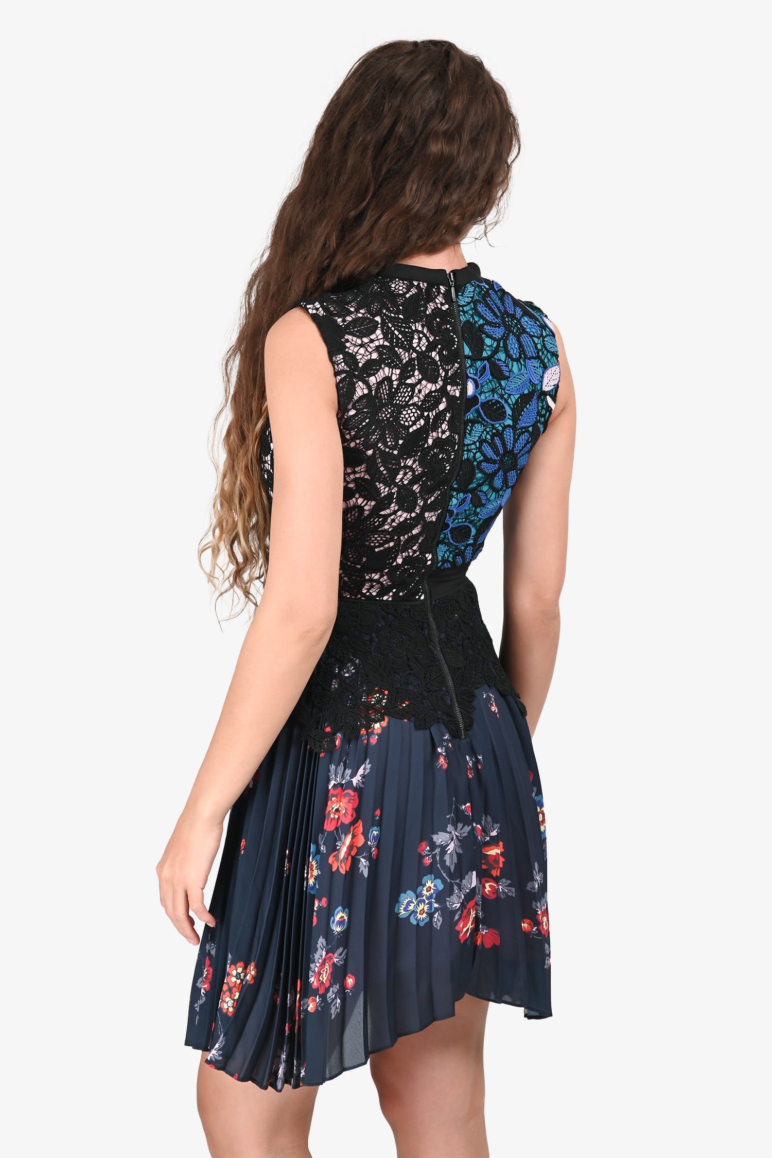Self-Portrait Black/Multicolour Lace Floral Pleated Mini Dress Size 2
