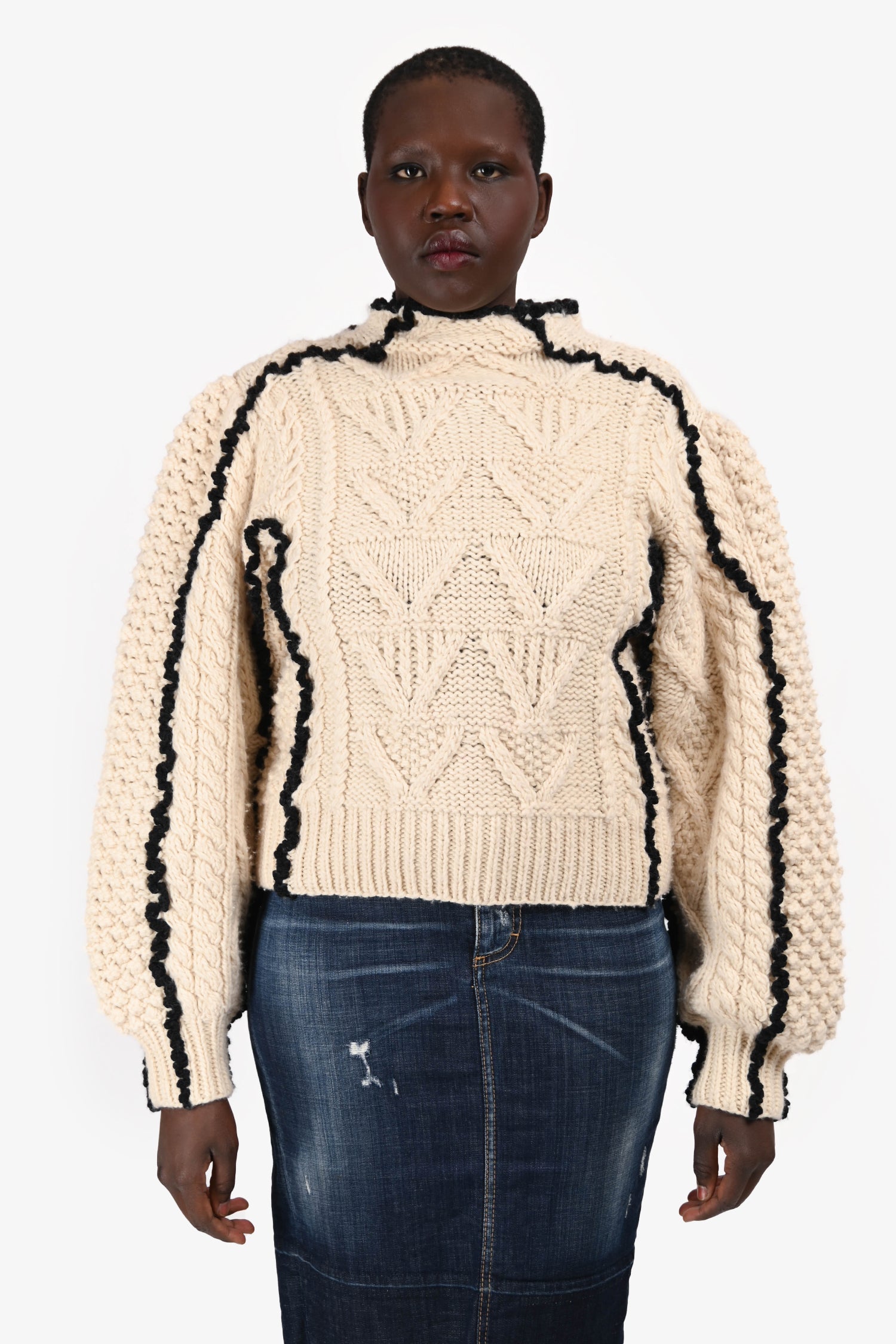 Sea New York Cream/Navy Trim Wool Sweater Size L