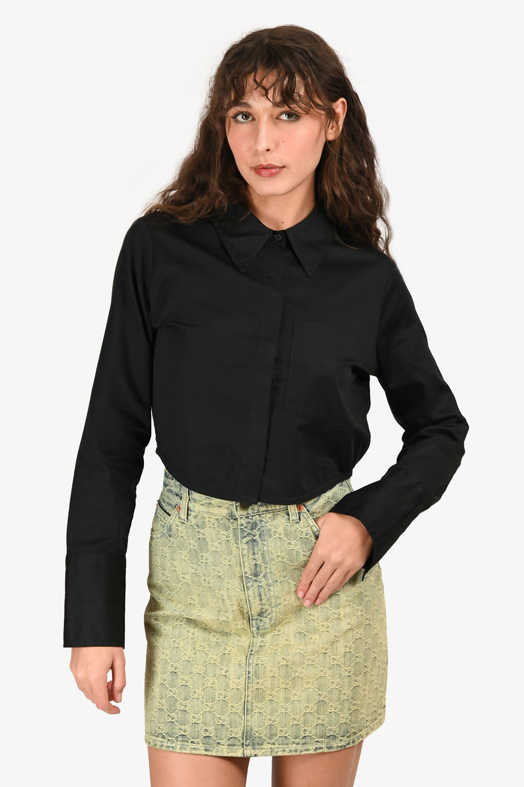 Citizens of Humanity Black Poplin Button Down Cropped Top Size S