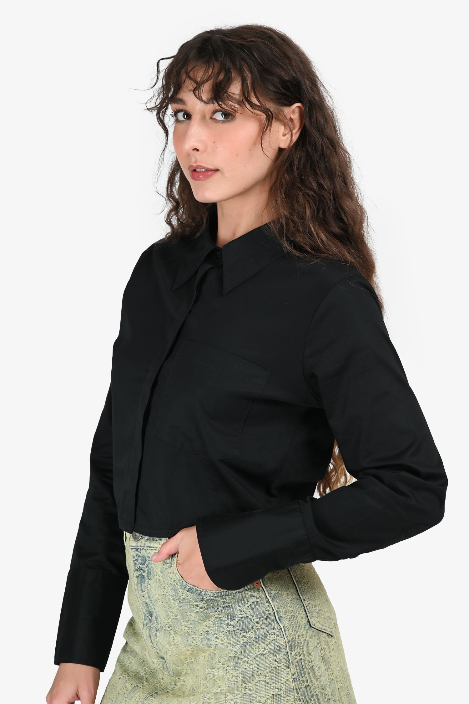 Citizens of Humanity Black Poplin Button Down Cropped Top Size S