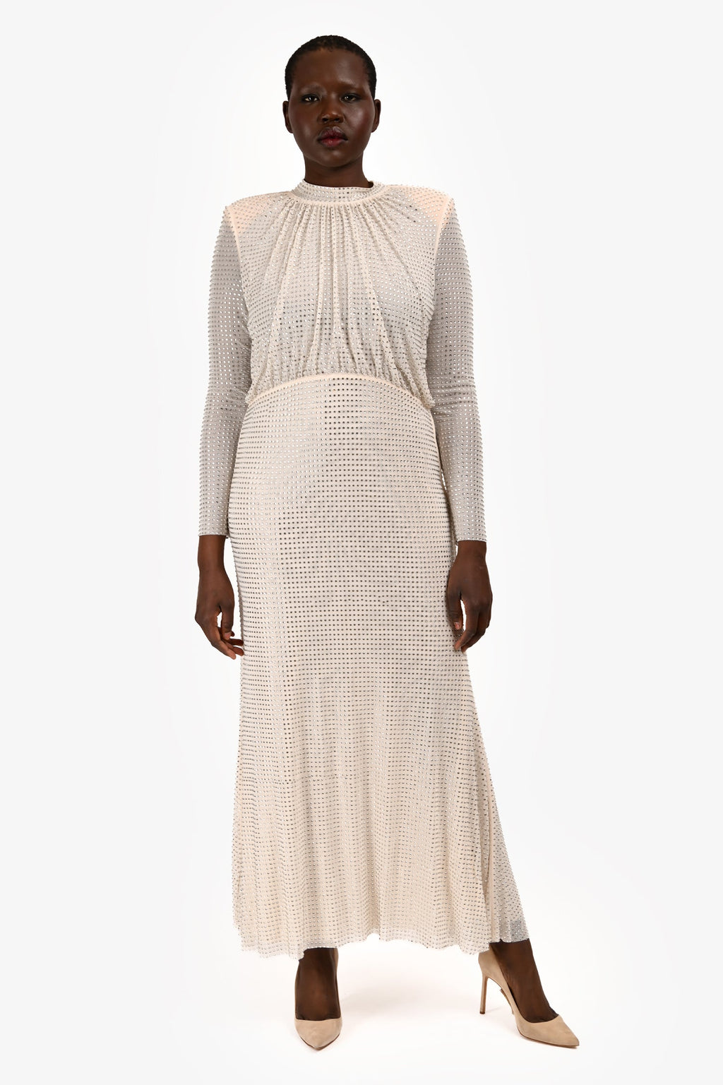 Self-Portrait Cream Rhinestone Mockneck Long Sleeve Maxi Dress Size 10