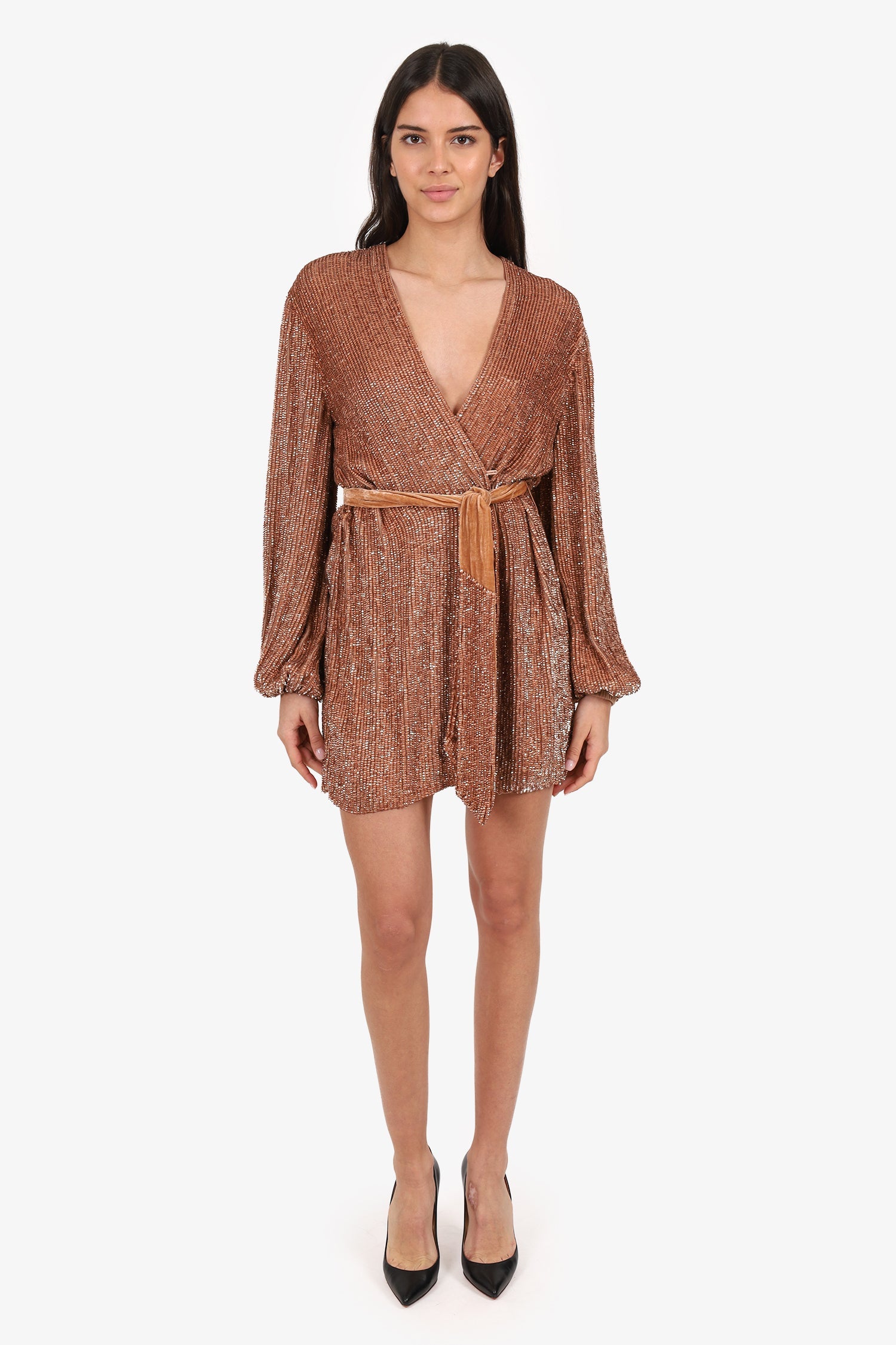 Retrofete Bronze Sequin Wrap Mini Dress Size S