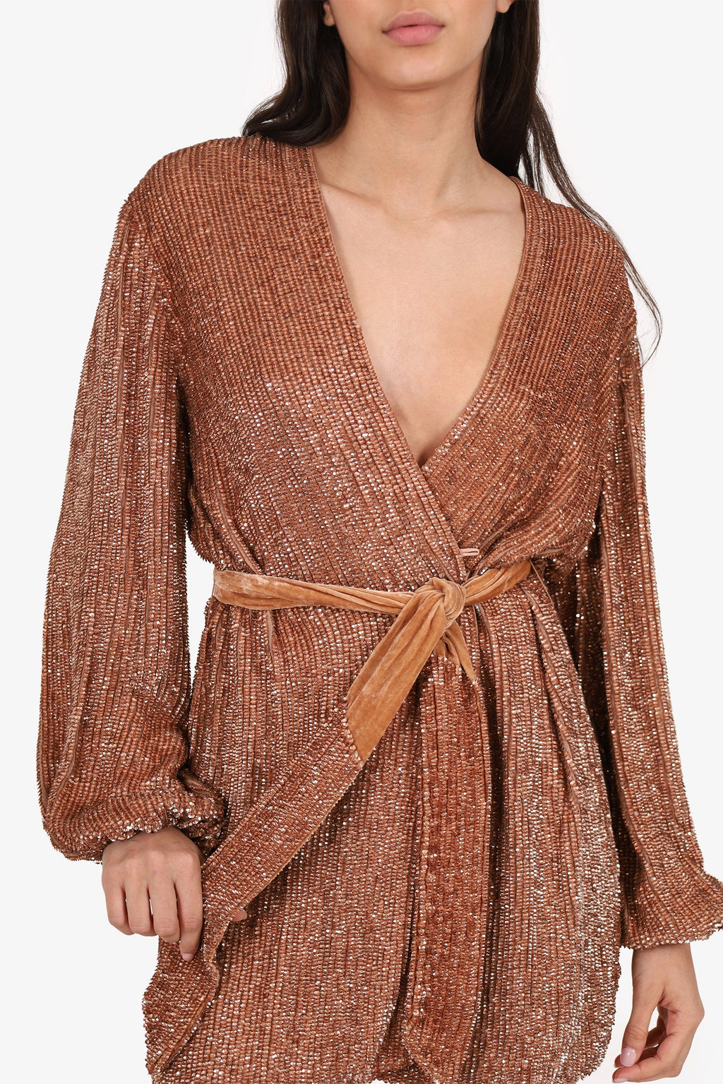 Retrofete Bronze Sequin Wrap Mini Dress Size S