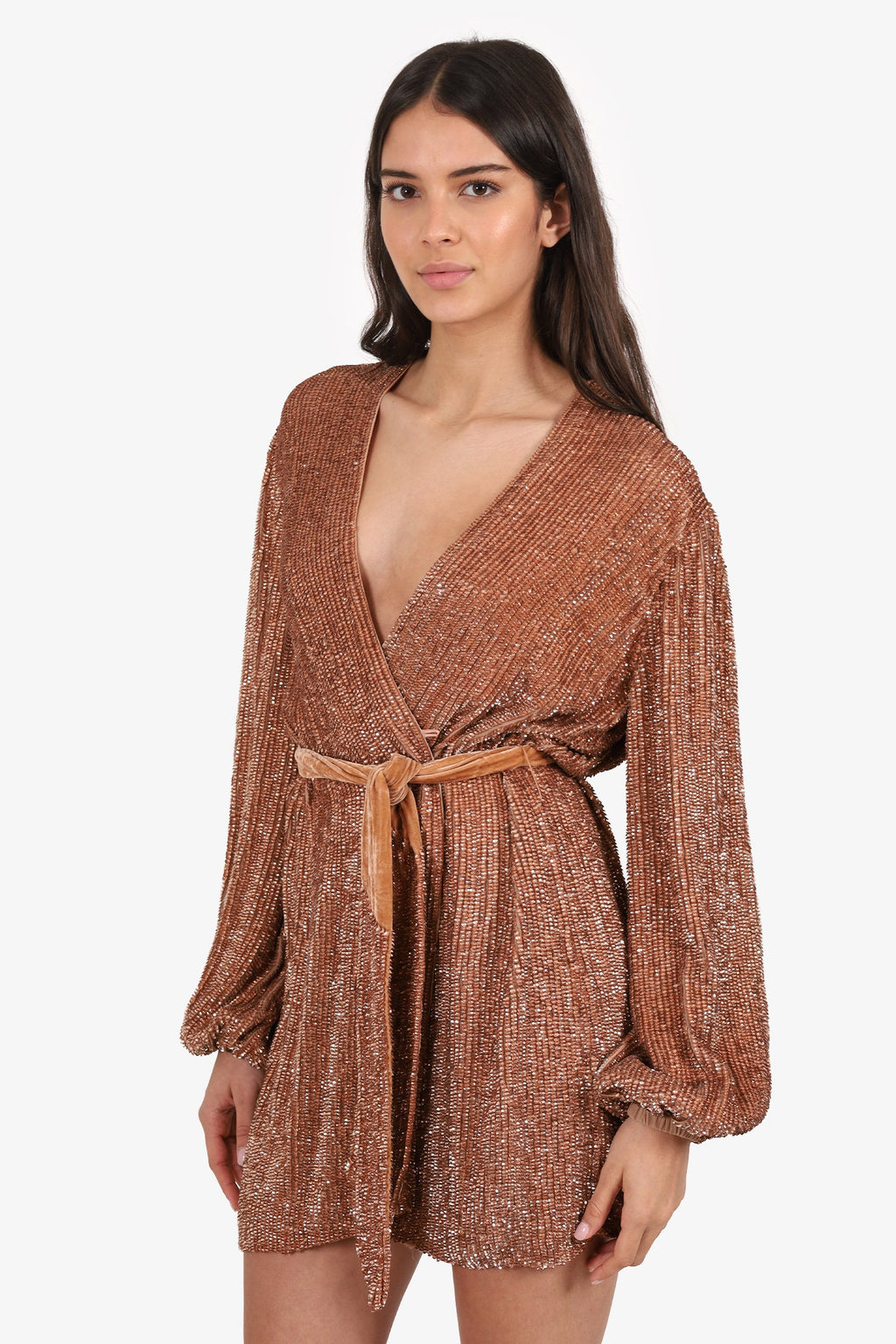 Retrofete Bronze Sequin Wrap Mini Dress Size S
