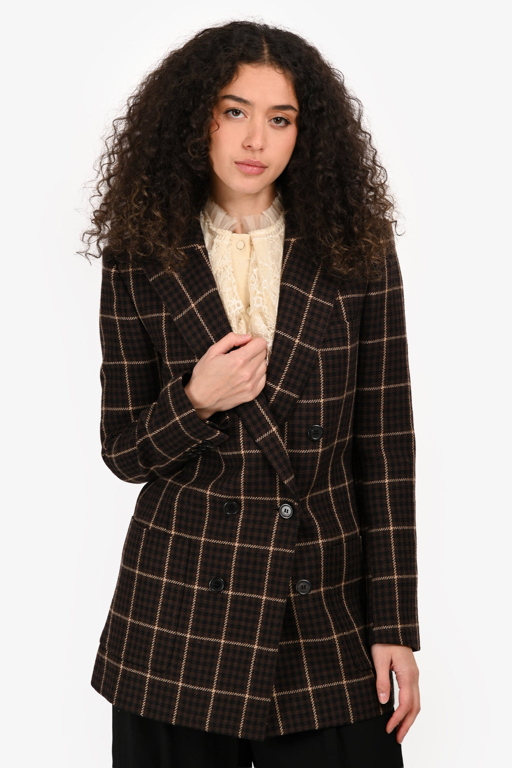 Saint Laurent Wool Brown Plaid Houndstooth Double-Breasted Blazer Size 40