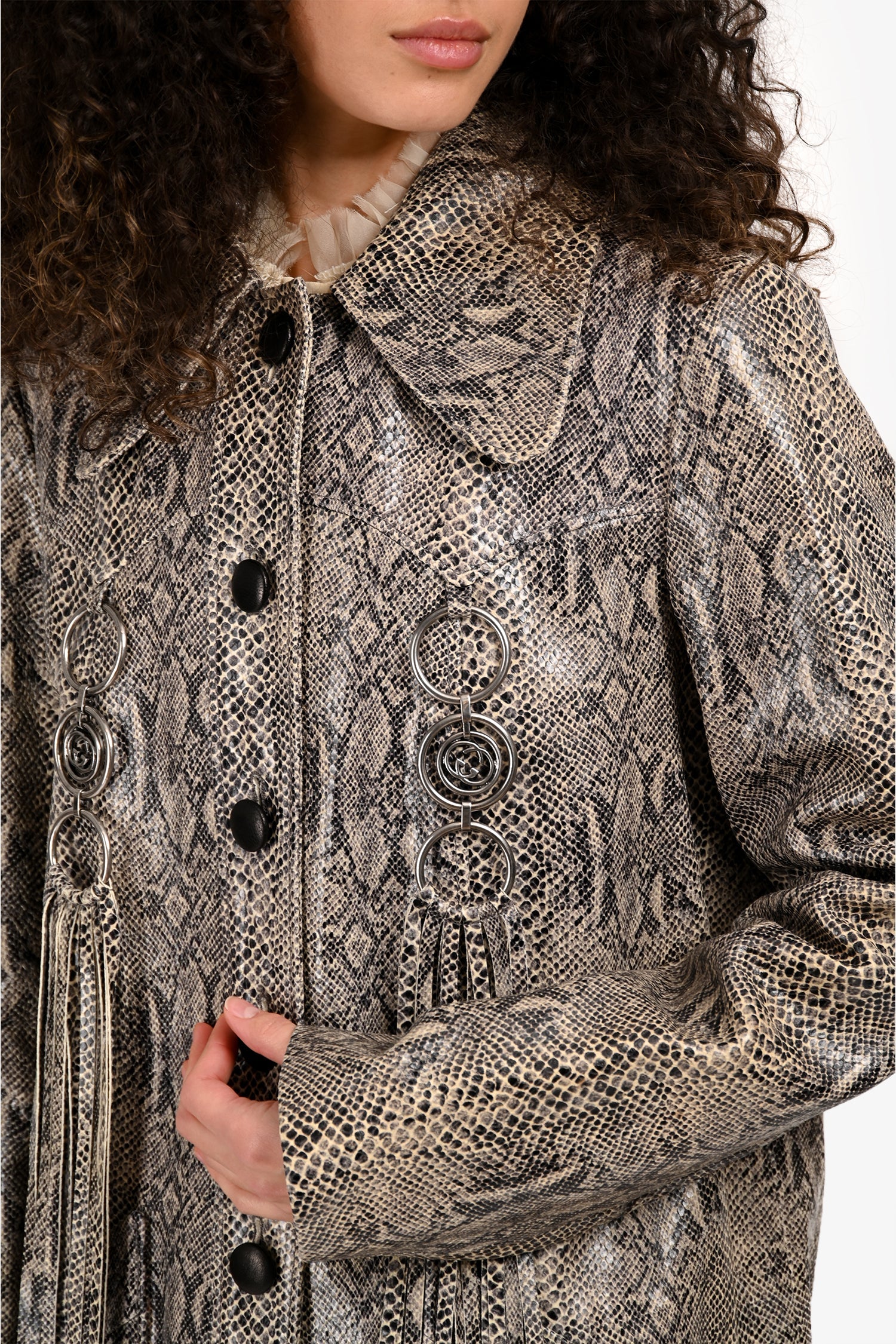 Gucci 2020 Grey Python Print Fringe Trim Trench Coat Size 44