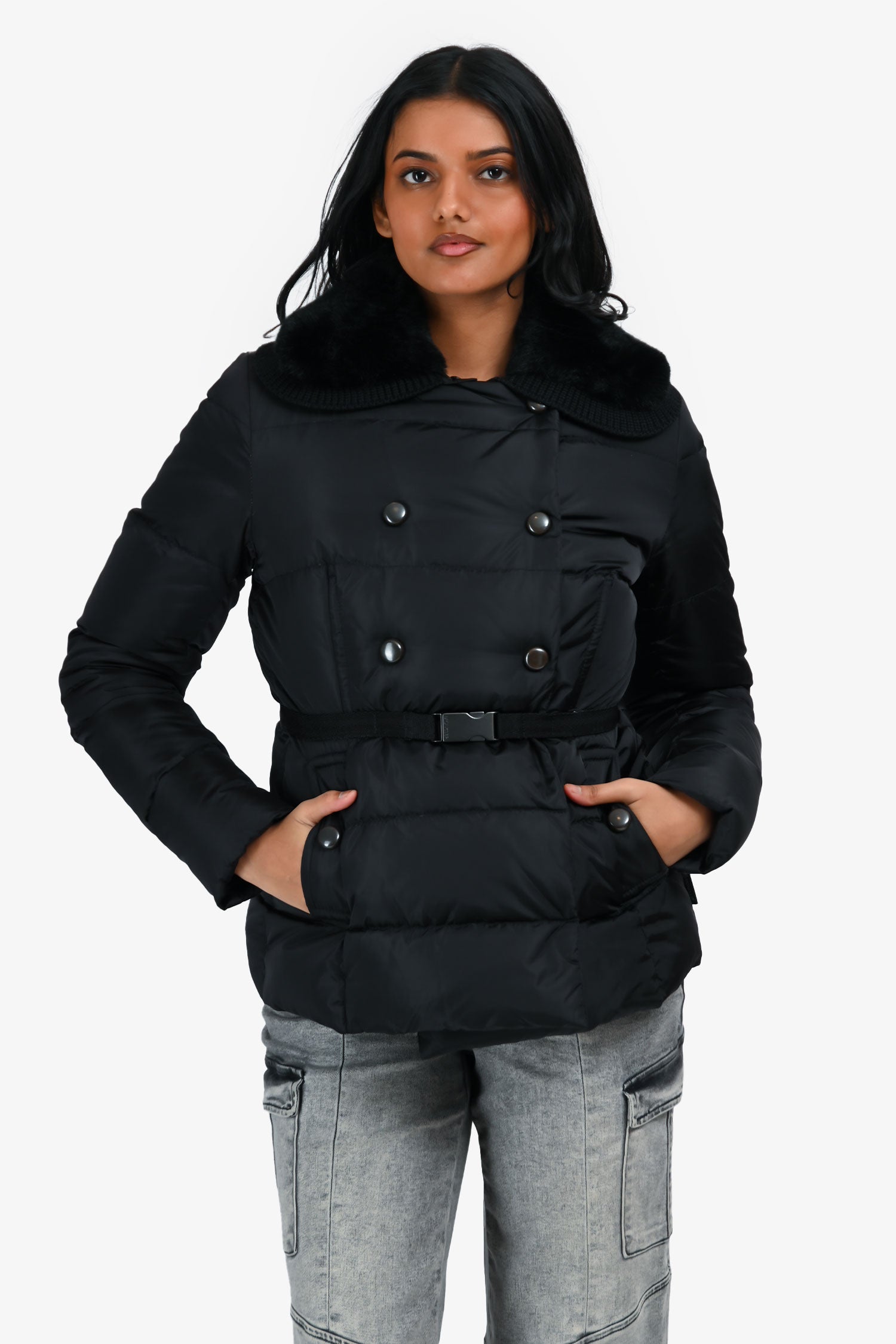 Moncler Black Double Breasted Rabbit Fur Collar Down Jacket Size 1