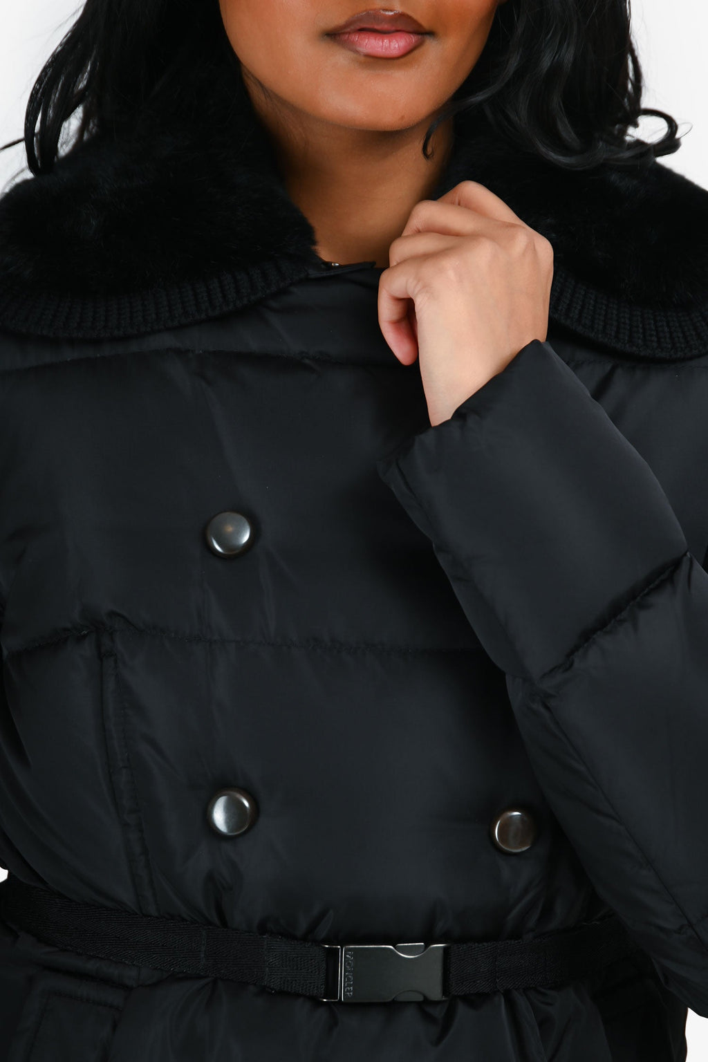 Moncler Black Double Breasted Rabbit Fur Collar Down Jacket Size 1
