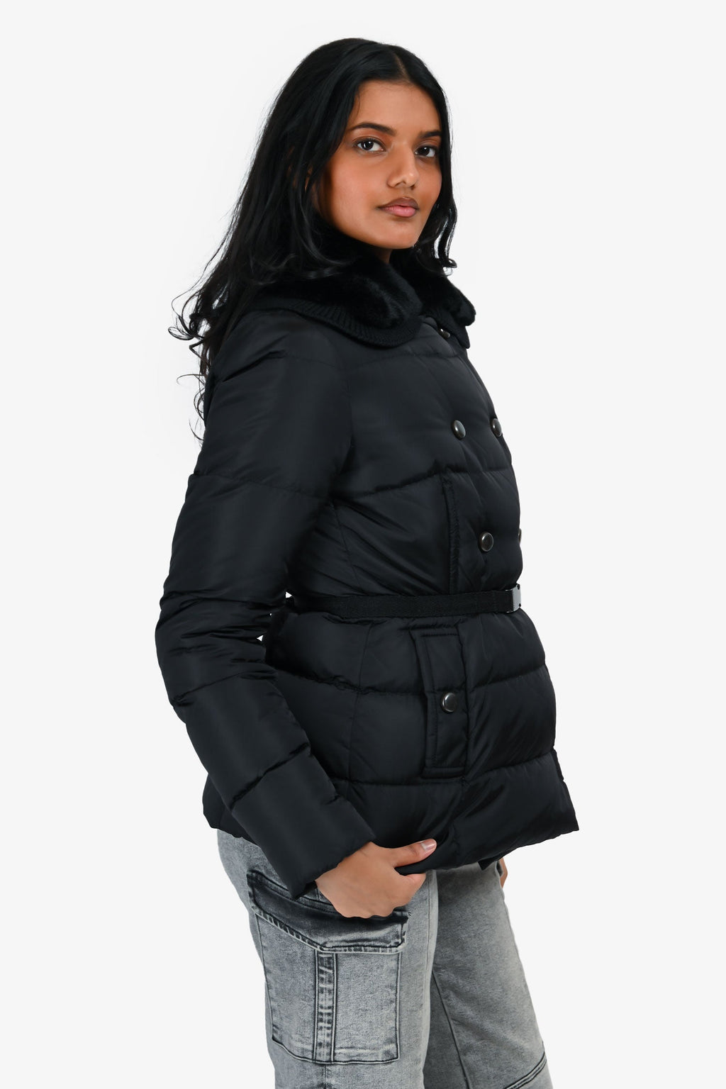 Moncler Black Double Breasted Rabbit Fur Collar Down Jacket Size 1
