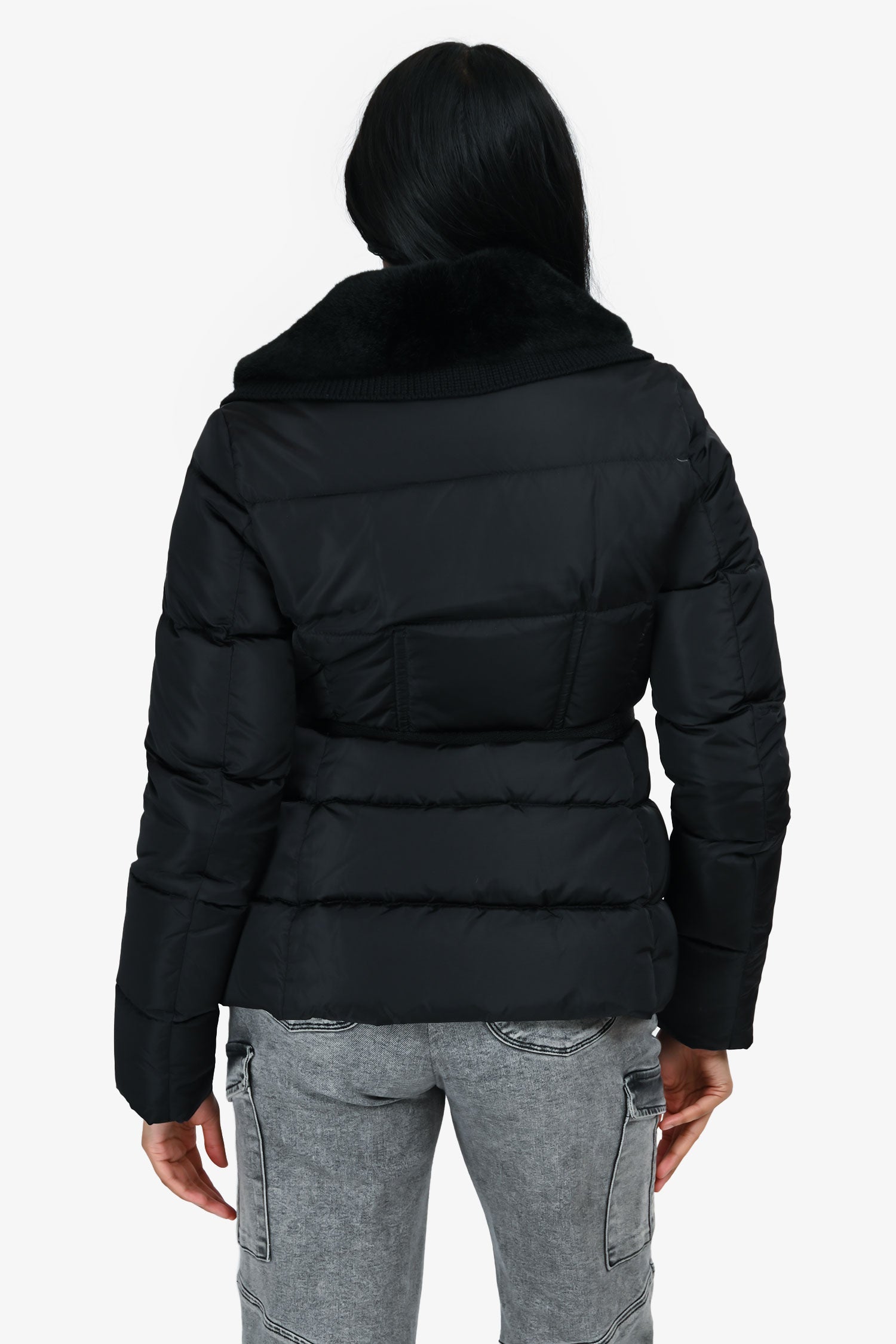 Moncler Black Double Breasted Rabbit Fur Collar Down Jacket Size 1