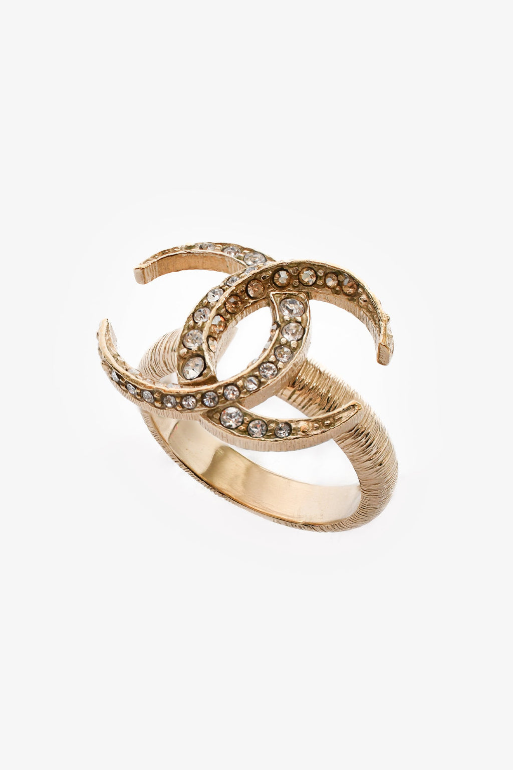 Pre-Loved Chanel™ 2015 Champagne Gold Toned CC Crystal Ring