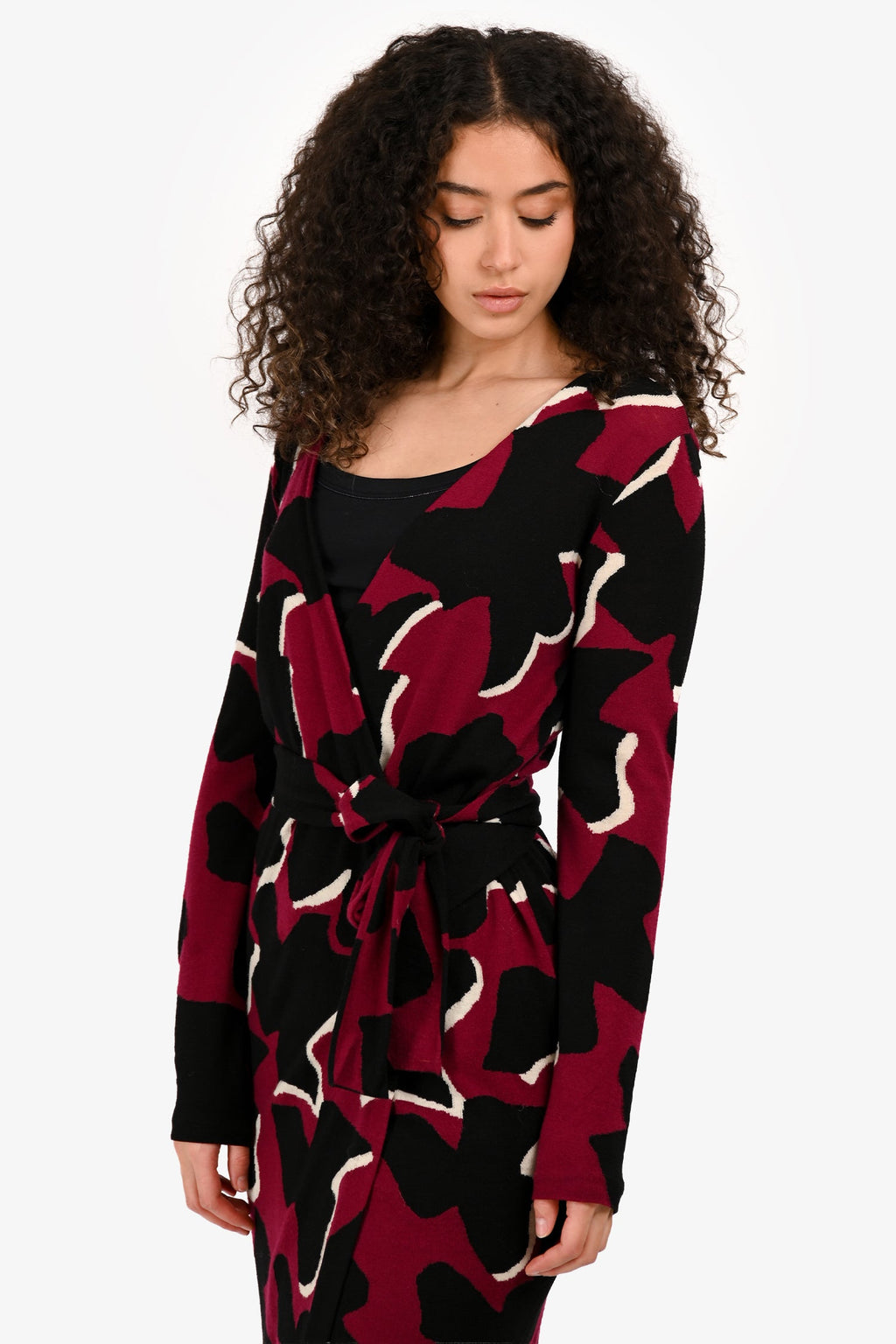 Diane von Furstenberg Black/Burgundy Wool 'Richley Dove Bloom' Wrap Dress Size S