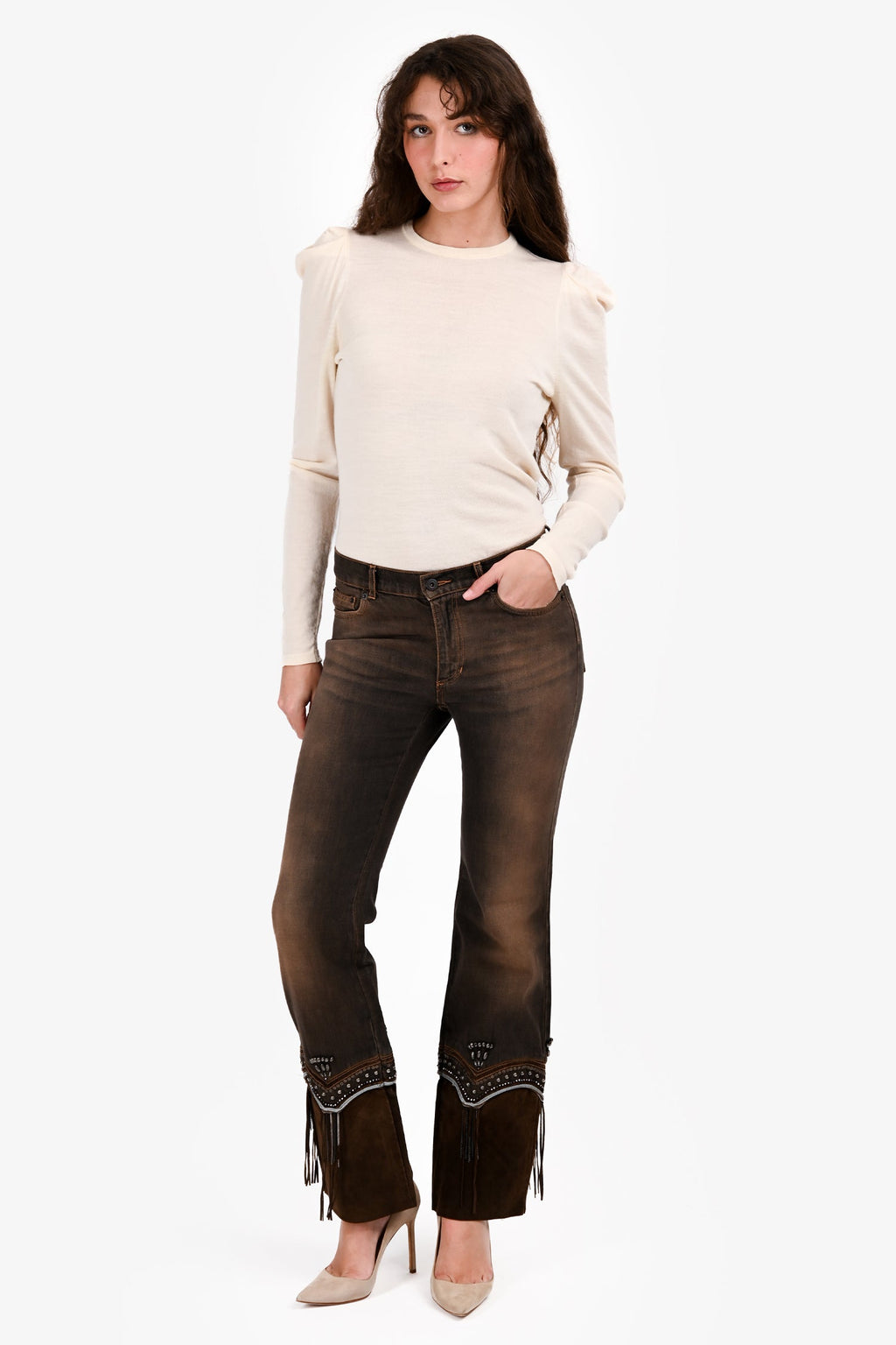 Sportmax Brown Denim Bead/Fringe Detail Jeans Size 8